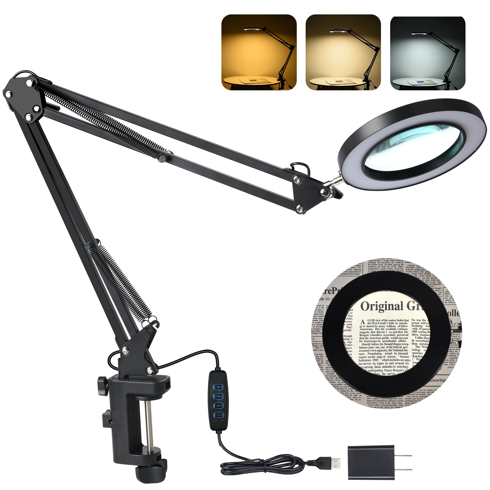 LED Magnifying Desk Lamp with Stand and Clamp for Repair, Crafts, Reading | 5-Diopter Glass Lens, 3 Color Modes , Stepless Dimming , Adjustable Swivel Arm, Magnifying Lamp