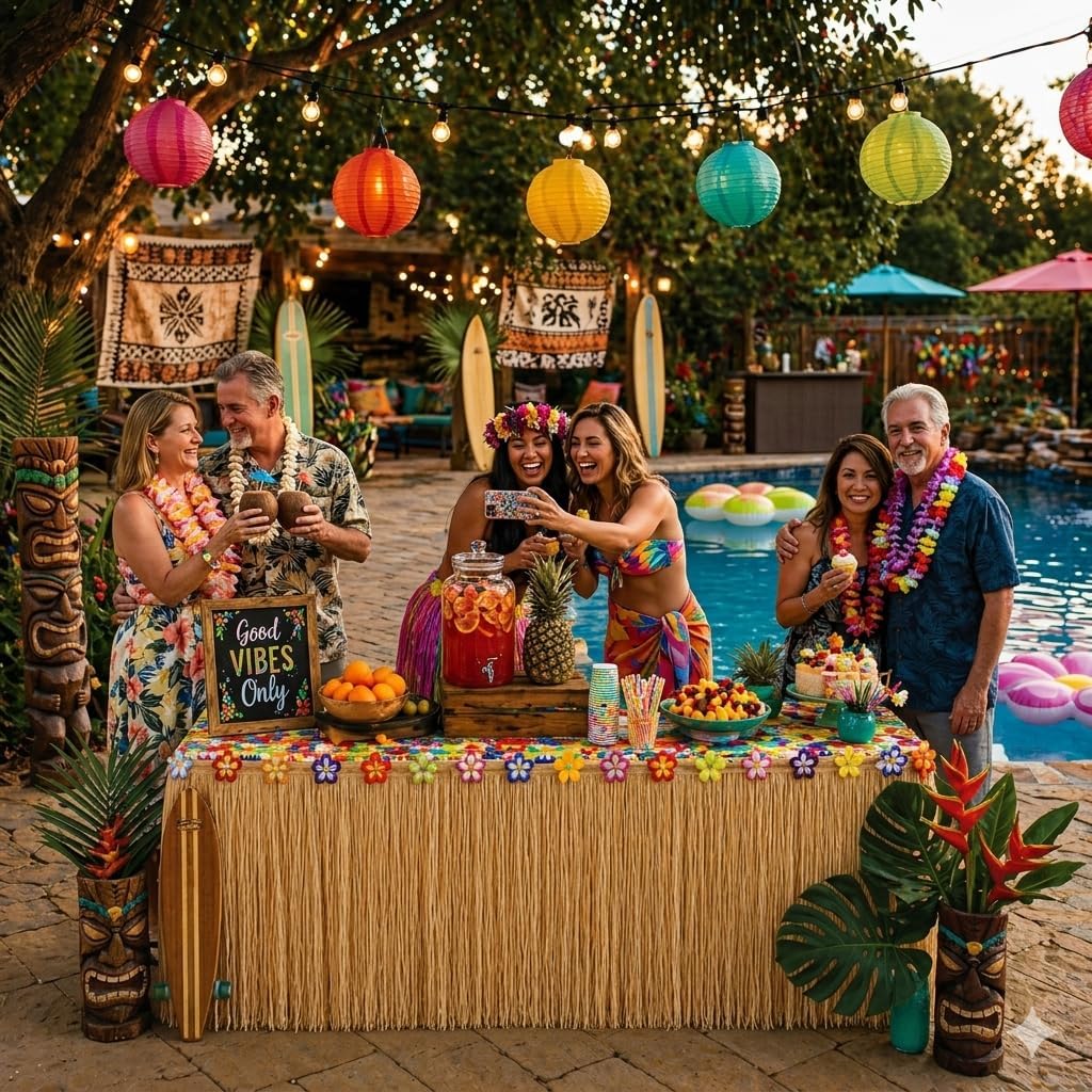 AnapoliZ Hawaiian Table Skirt 11ft Long Stretches to 30ft! | (29" Tall) Brown Grass Table Skirts | Hibiscus Luau Party Decoration | Tropical Theme Decor (1 Table Skirt)