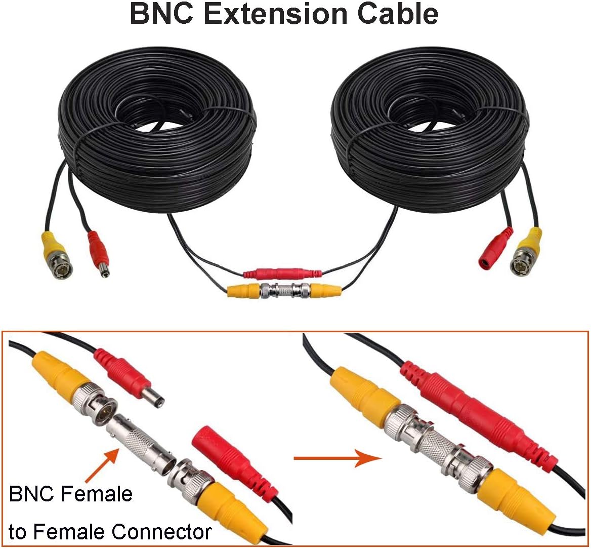 BNC Cable Video Power All-in-One Extension Cable 60FT CCTV Camera Wire with BNC RCA Connectors for Security Camera Systems, Black, CB60