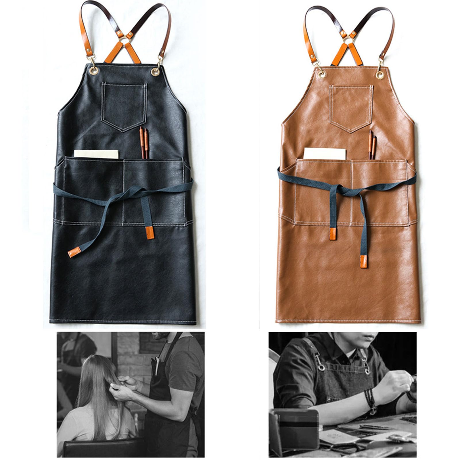 Grembiule da Lavoro in Pelle Regolabile Incrociato sulla Schiena Grembiuli Impermeabili con 3 Tasche per Uomo E Donna Adatto per Ristoranti Camerieri Parrucchieri Black,One Size