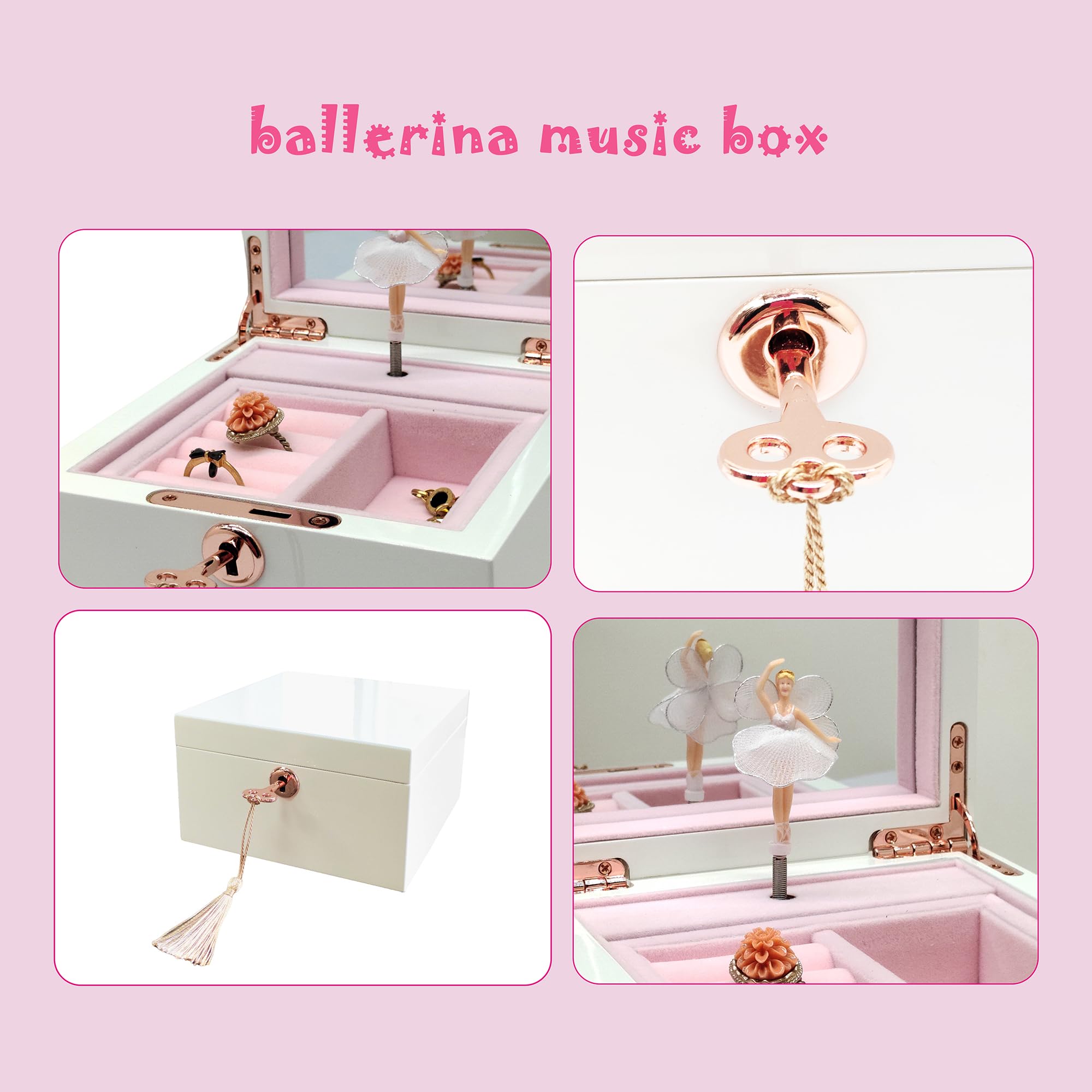 Boîte à bijoux musicale en bois blanc pour filles et femmes, boîte de rangement à bijoux, coffre à musique, cadeaux pour Noël, anniversaire, Saint-Valentin et toutes les fêtes - Finition