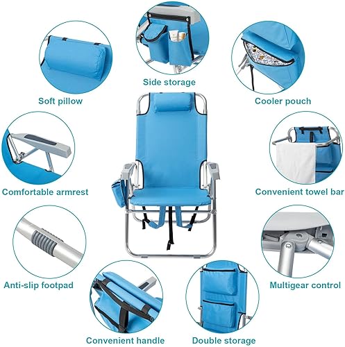 Miniatura 5 de Silla de playa plegable alta con toallero, 5 posiciones ajustables, toallero, enfriador y bolsa de almacenamiento, portavasos y soporte para
