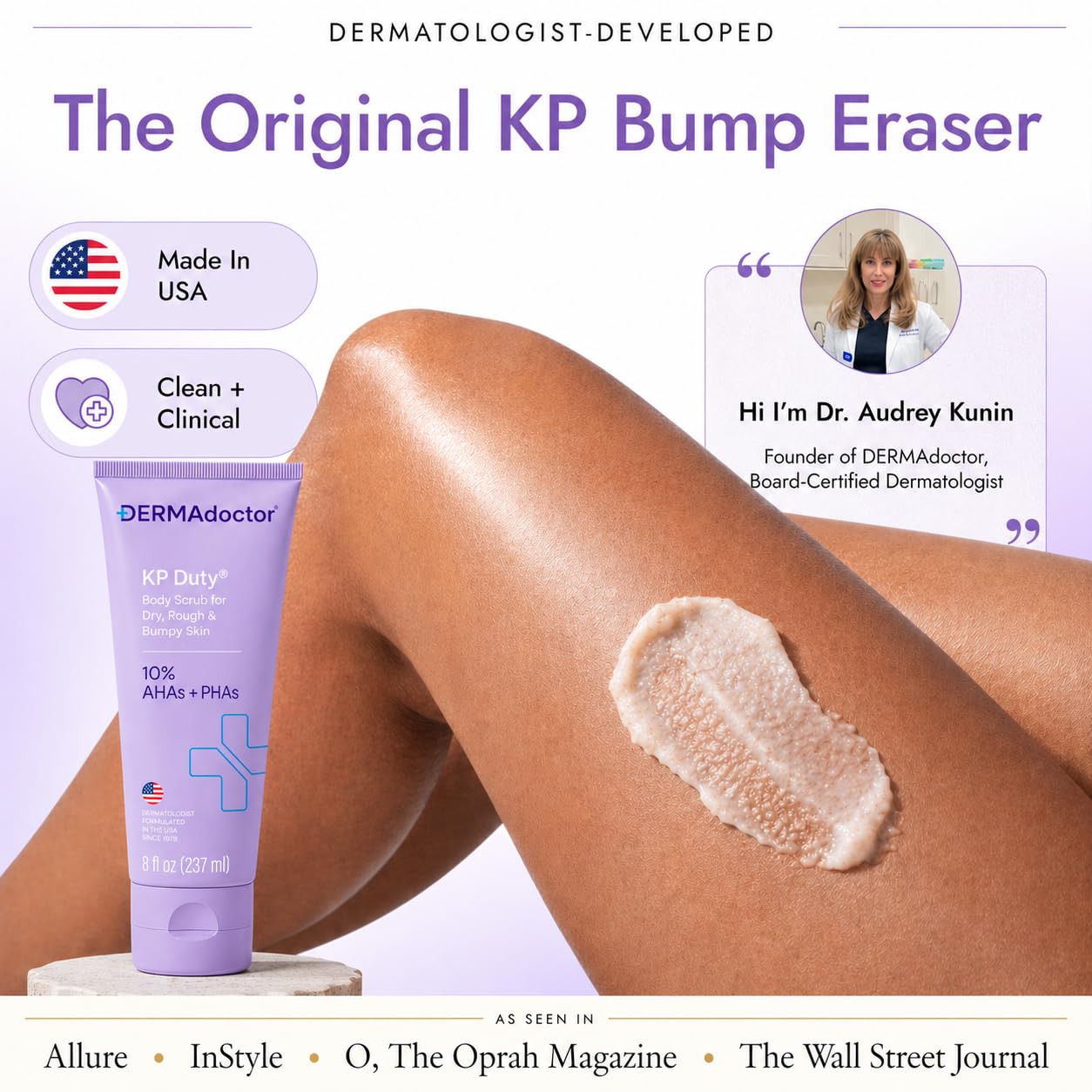 DERMAdoctor KP Bump Eraser Body Scrub with 10% AHAs + PHAs for Keratosis Pilaris, Dry, Rough, and Bumpy Skin, Dermatologist Formulated Exfoliating Body Scrub with Glycolic and Lactic acids - 8 Fl oz