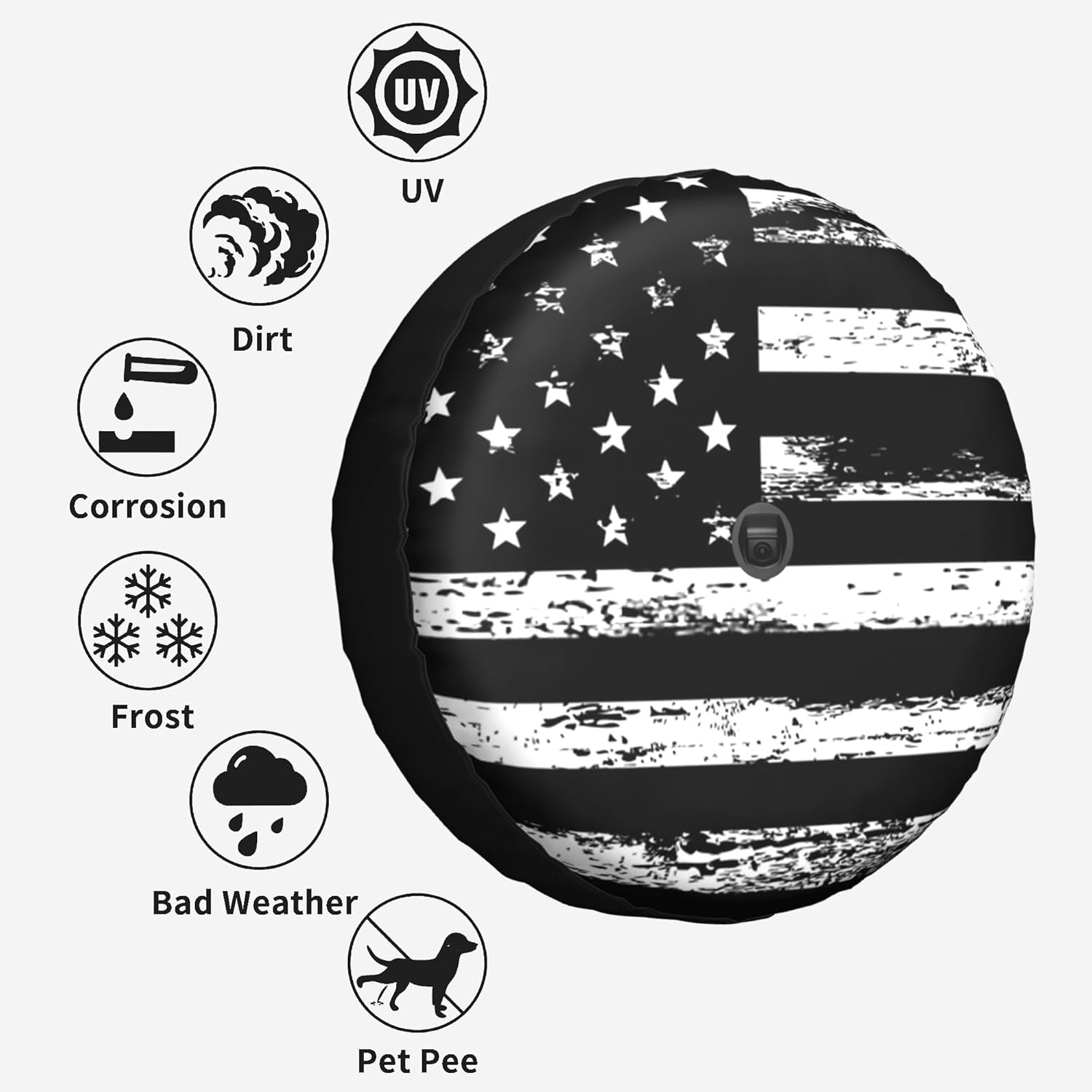 Black White Retro American Flag Spare Tire Cover with Back-up Camera Hole Compass Rose Leather Wheel Cover Tire Protector for Wrangler JL
