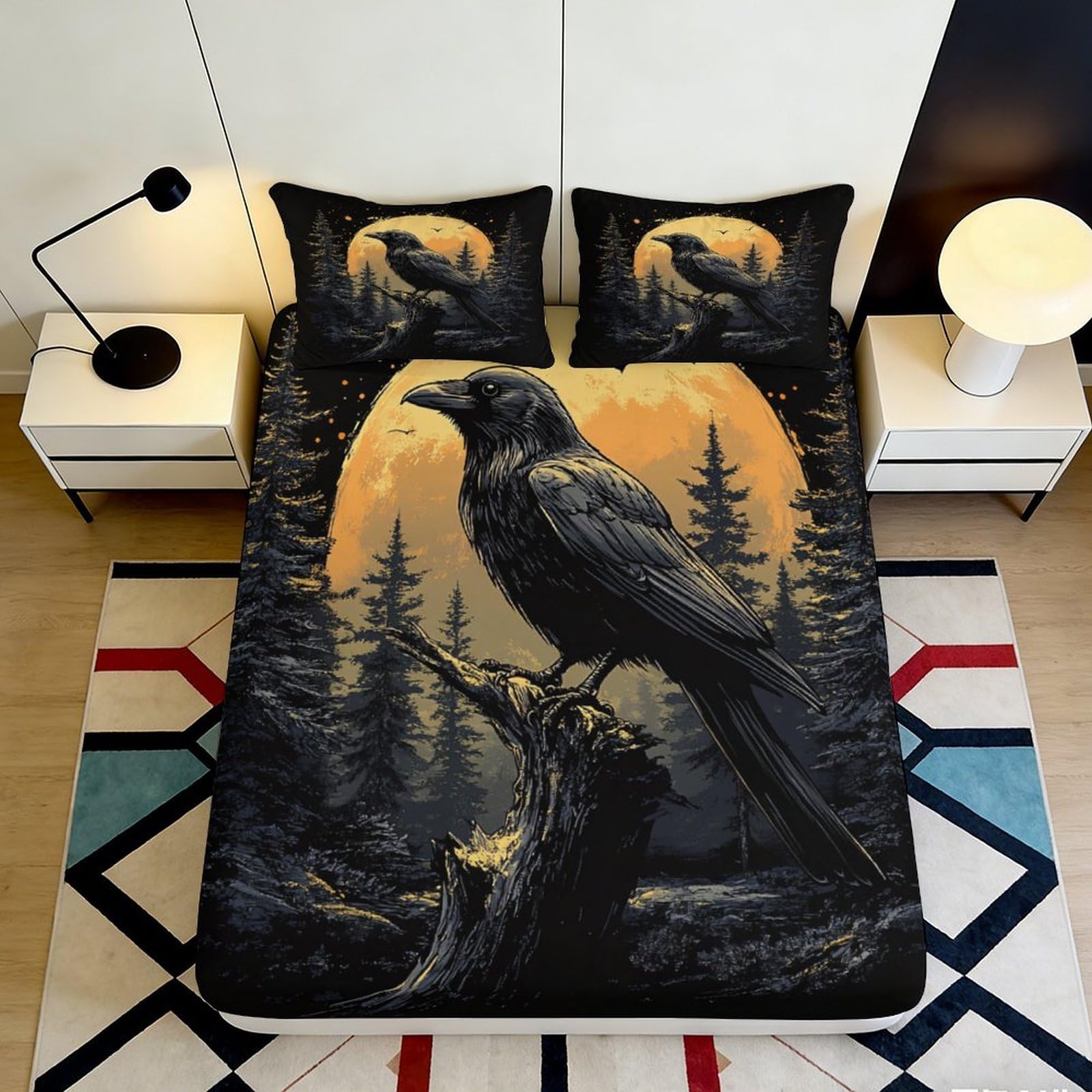 3D Printed Raven Forest Fitted Sheet Microfiber Deep Pocket Bedroom Bedding Raven Pattern Mattress Fitted Cover Non-Slip Washable for All Ages 160x200x25cm