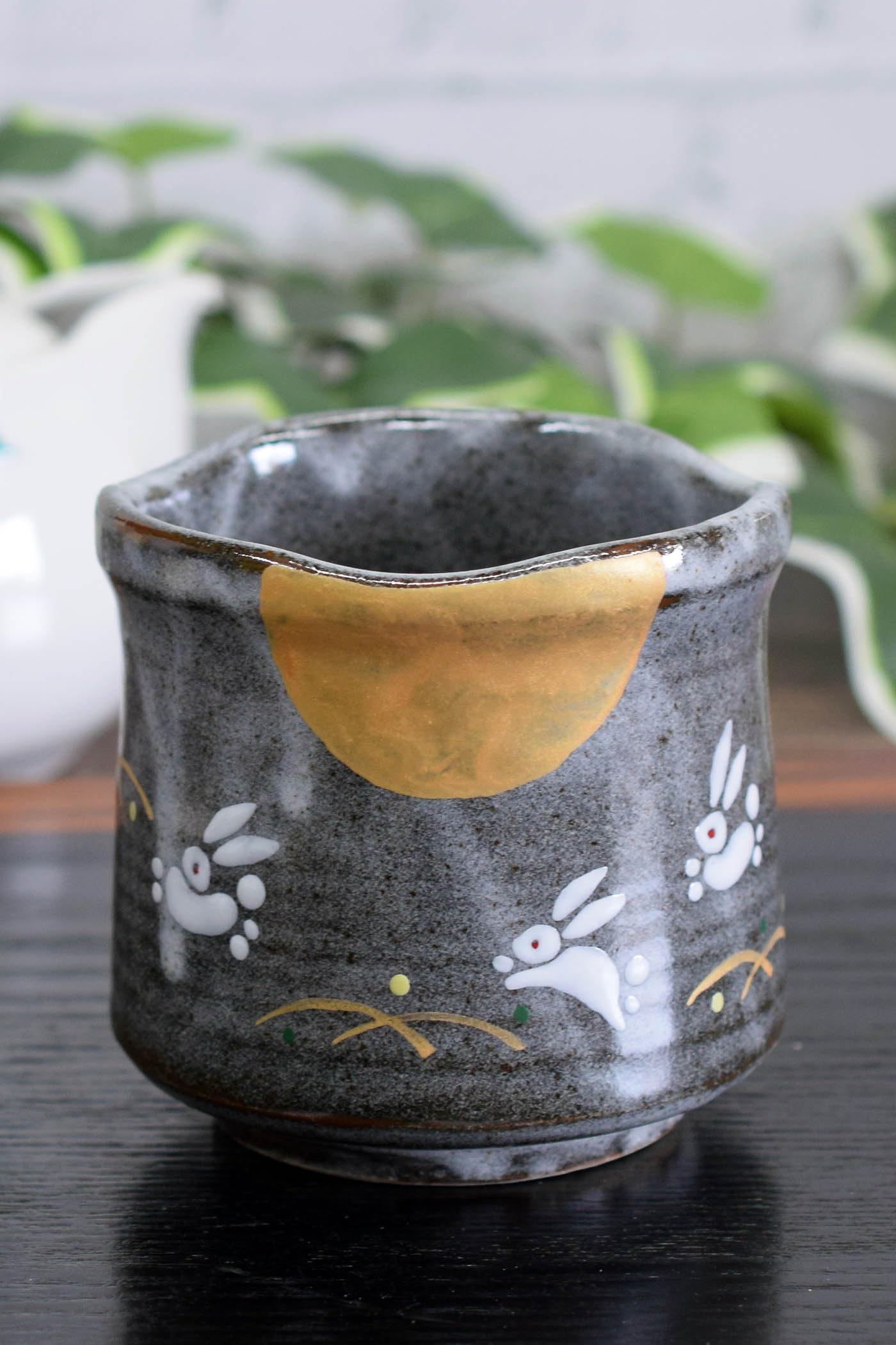 Kutani Ware Yunomi Tea Cup Moon Rabbit Silver Glaze 3.6in Japanese Pottery