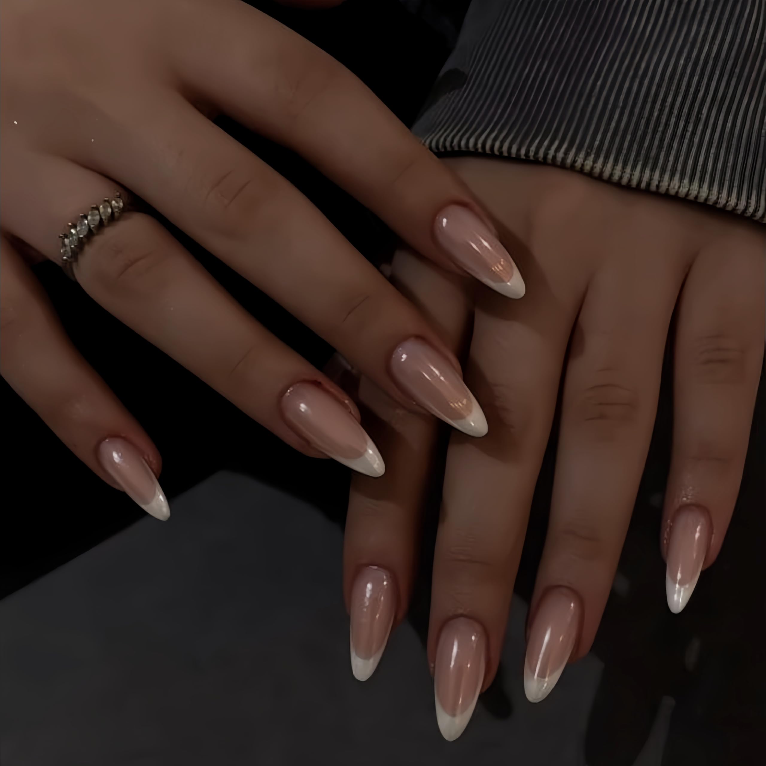 White French Tip Press On Nails Almond - KQueenest Chrome Press On Nails Medium, Fake Nails Press with Natural Brown Base, French Glue on Nails Medium