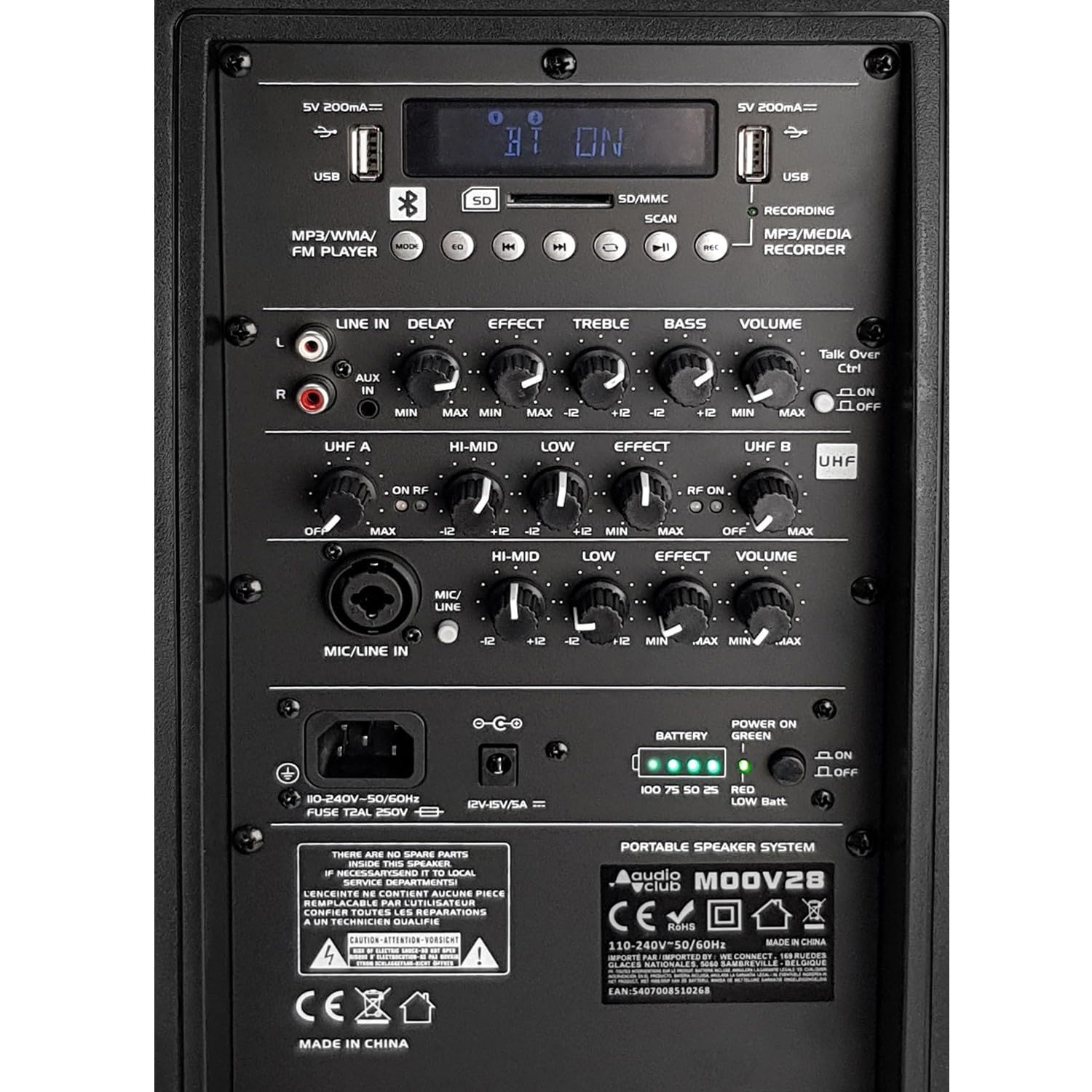 Altoparlante Pro portatile 2 x 8" 400/800 W – Audio Club MOOV28 – USB BT Line FM – Batteria – Micros UHF + supporto PIED