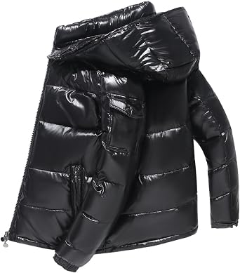Mens Shiny Hooded Puffer Jackets Coats Insulated Padded Puffy Coat Winter Coats Water-Resistant Down