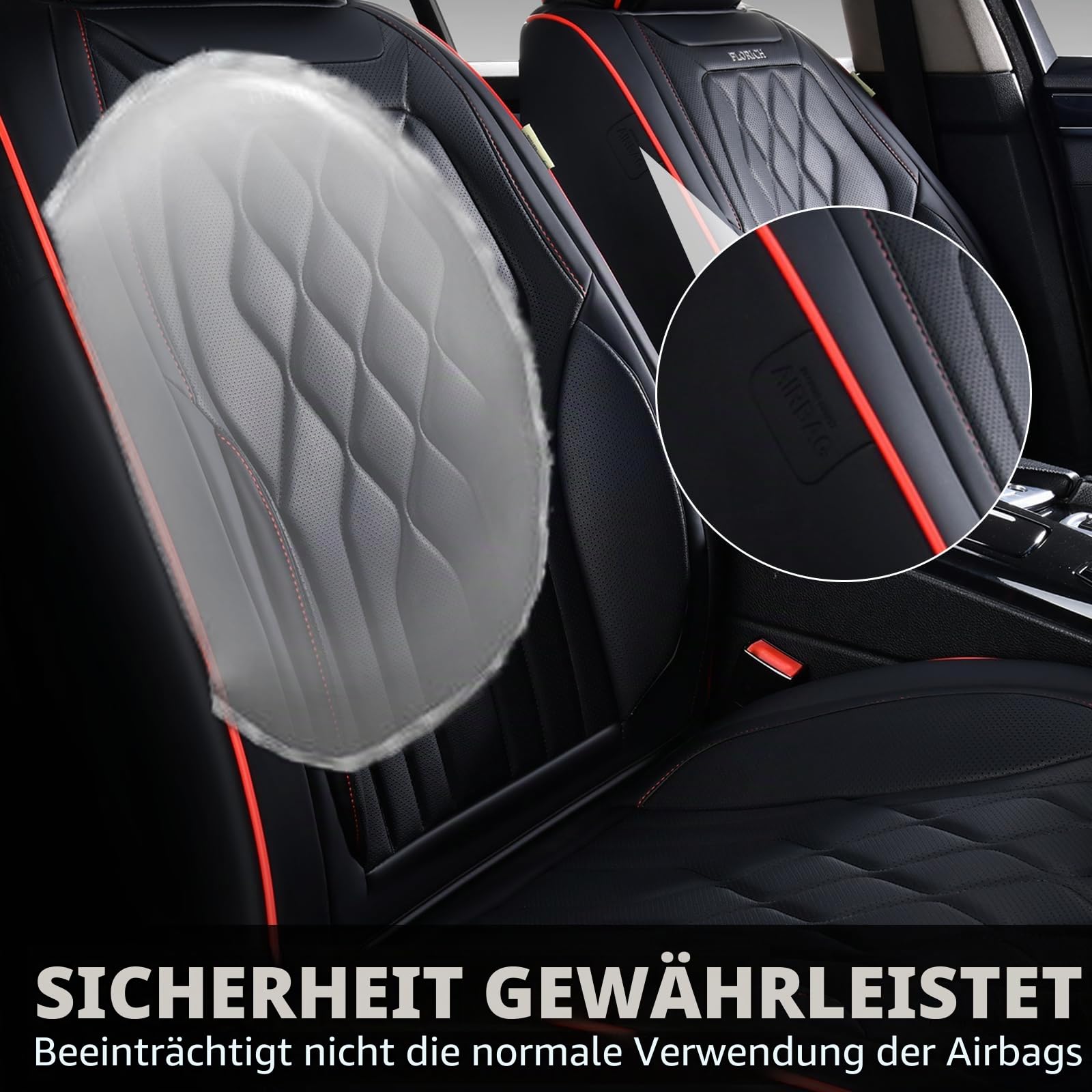 FLORICH Autositzbezüge, Vordersitzbezüge, wasserdicht, Leder, universal, passend für die meisten Autos, SUVs, LKWs (Schwarze Sitzbezüge mit roter Nähte, 2 Vordersitze)