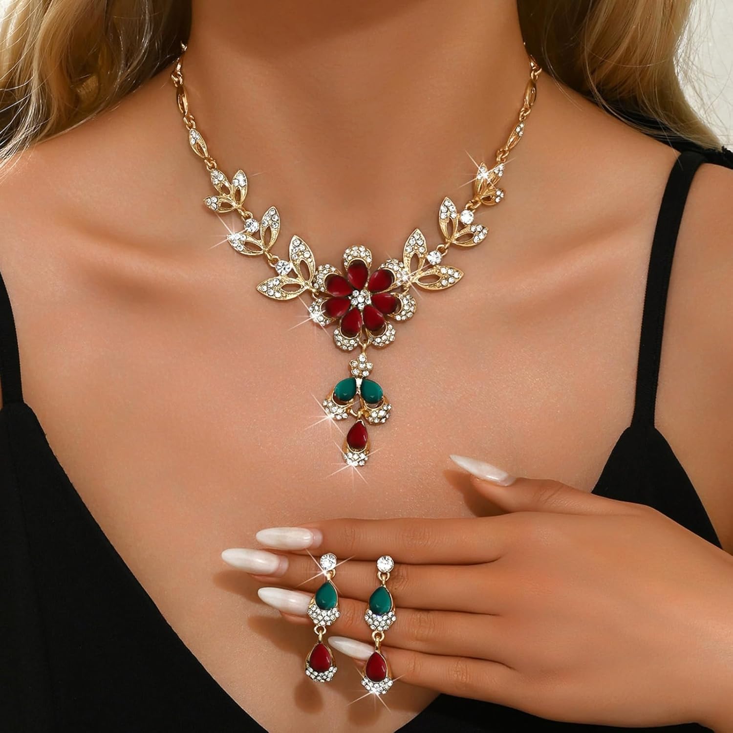 Wedding Jewelry Sets for Women: Trendy Wedding Guest Dress Crystal Flower Necklace Earrings Set Sparkly Prom Formal Dresses for Women Wedding Guest - Image 3