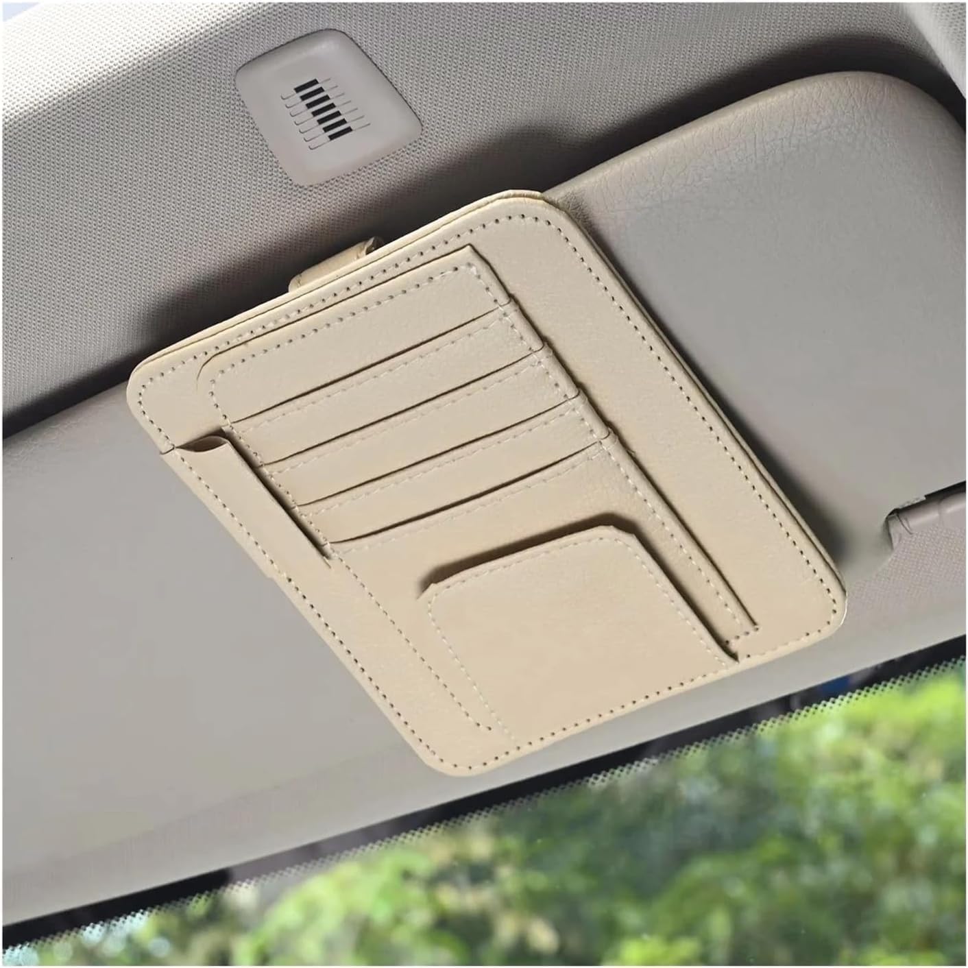 YDSTNiu Car Sun Visor Organizer for Abarth 595 Esseesse/595 Pista, Glasses Holder Clip Premium Leather Visor Pouch Card Holder,Beige