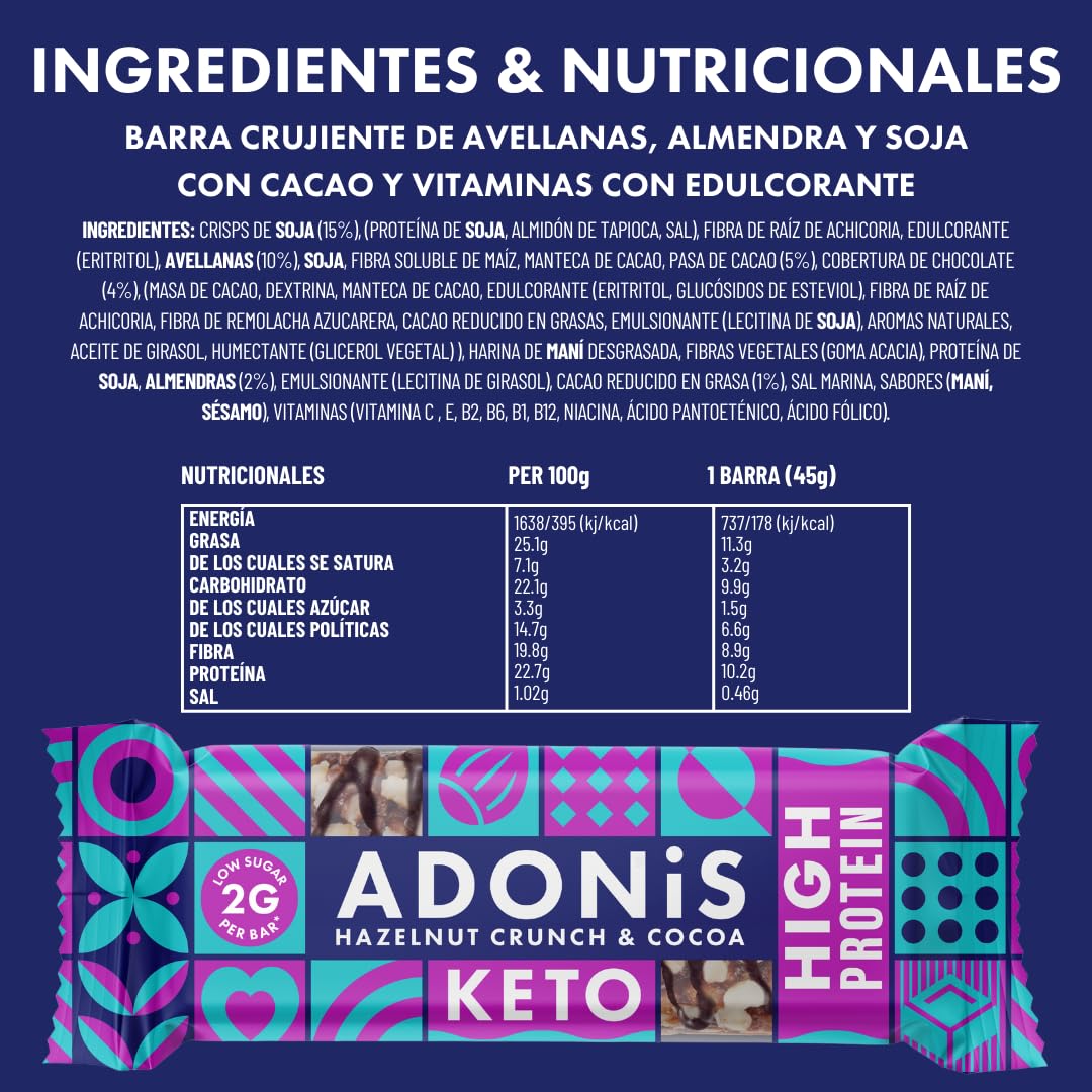 Adonis Barritas Keto Ricas en Proteínas Crujiente de Avellanas y Cacao (16 barritas x 45 g) | Apto para Veganos y Dieta Keto | 100% Natural | Sin Azúcar, Sin Aceite de Palma, Sin Lácteos