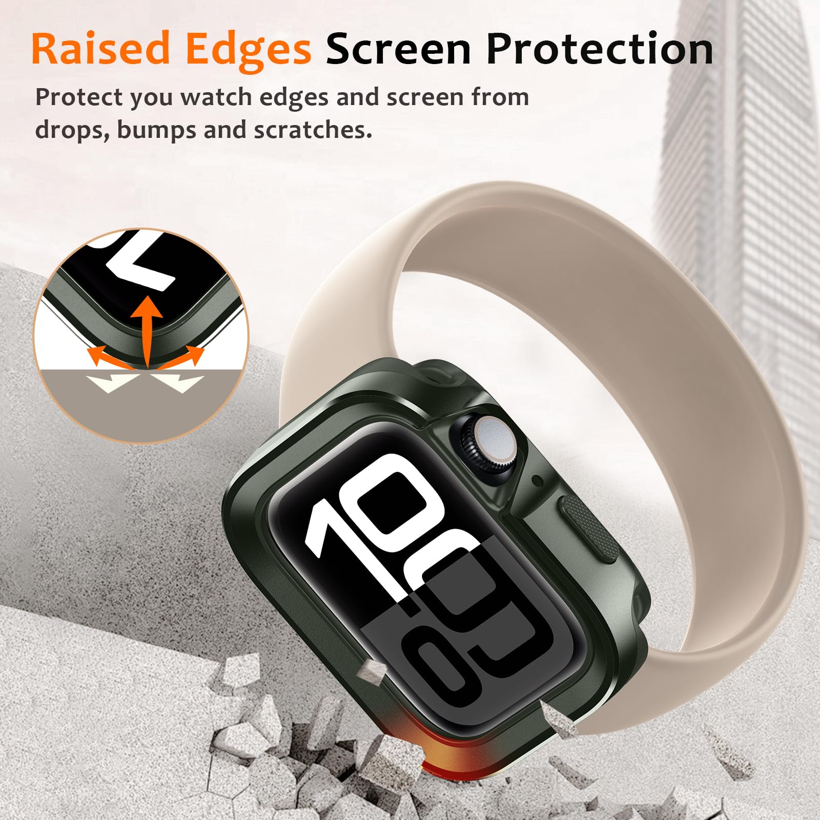 Amizee 2 en 1 Metál Funda Compatible con Apple Watch Series 11/10 46mm, Cobertura Total Resistente Arañazos Protección Carcasa para iWatch 46mm, Verde Militar