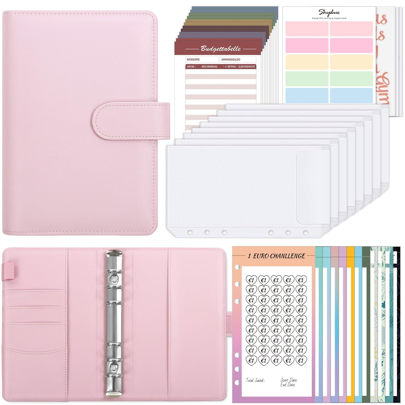 Classeur Budget A6 SKYDUE - Avec 12 Défis D'économie - Enveloppes Et Accessoires Inclus - Gestion Finances Personnelles