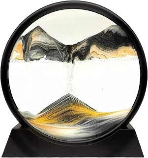 Jiofaviu Moving Sand Art Picture Liquid Round Glass 3D Deep Sea Flip Sandscape in Motion Display Flowing Sand Frame Desktop Art Bookshelves Home Office Decoration (7in, Black&Gold)