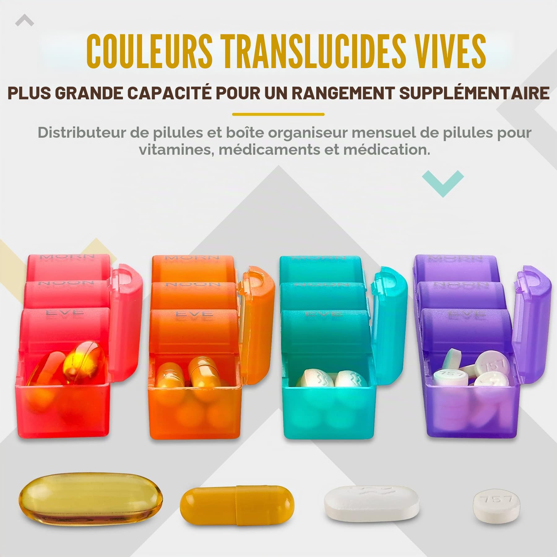Pilulier du mois - 4 fois par jour matin-midi-soir-nuit - Grands piluliers quotidiens 32 avec compartiments pour vitamines, suppléments
