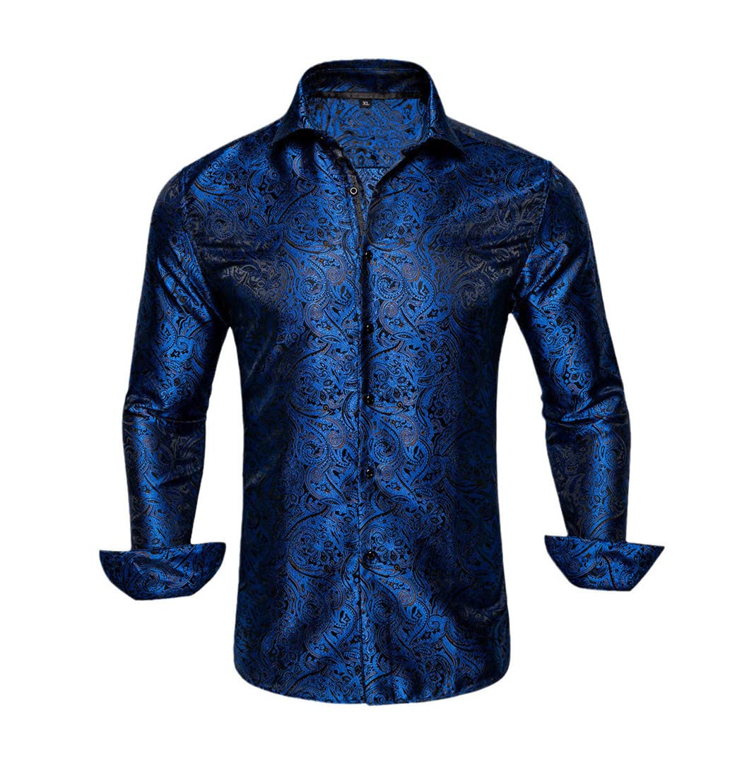 Langarm-Seidenhemden für Herren, männliches Outwear-Hemd, schmale Passform, florales Paisleymuster, goldfarben, blau, rot, lila, burgunderrot