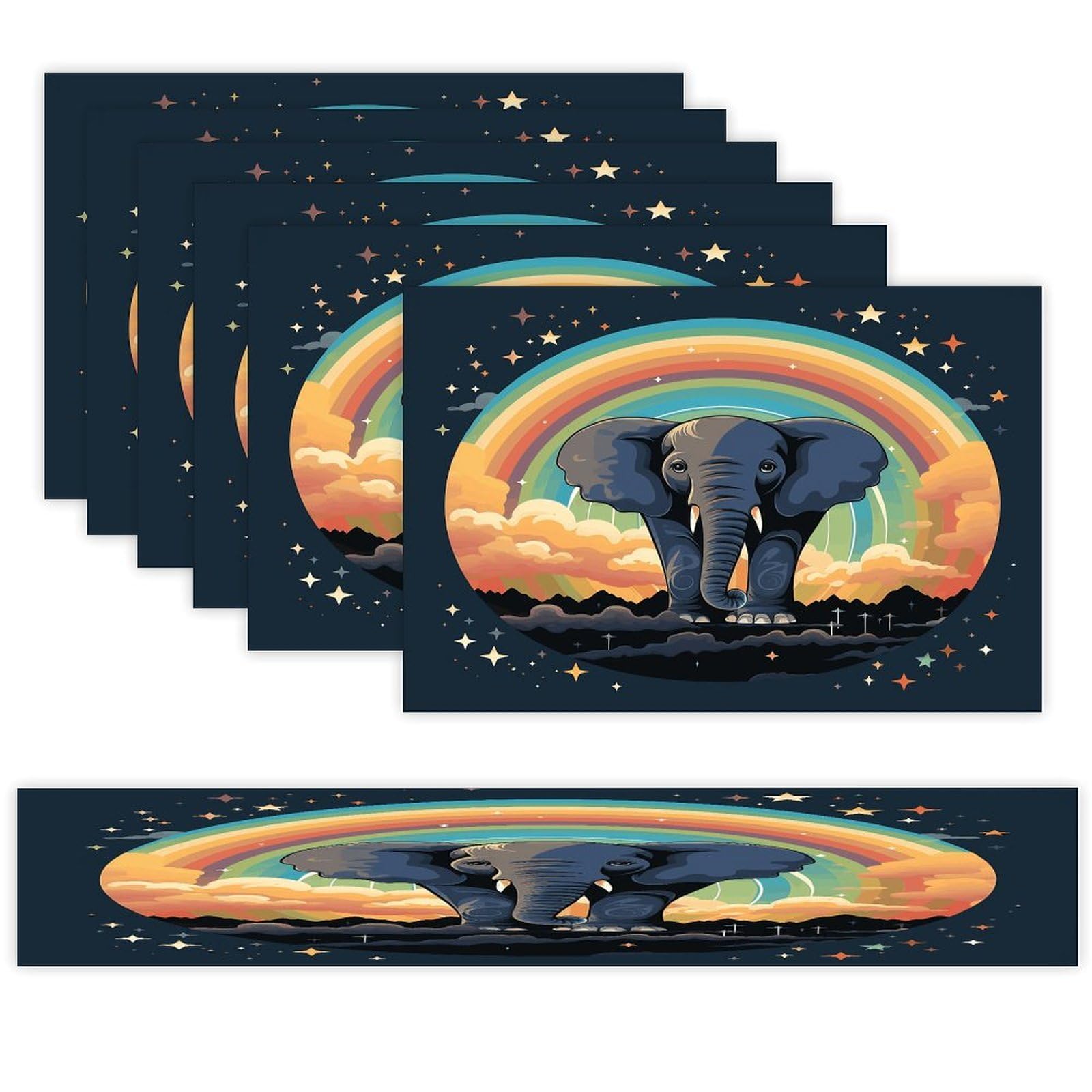 A Cute Elephant on A Rainbow Background Table Runner and Placemats Set of 6 Wipe Clean Heat Resistant Table Mat with Table Runner Decorations Flax Linen Place Mat Set for Home Kitchen Party Supplies