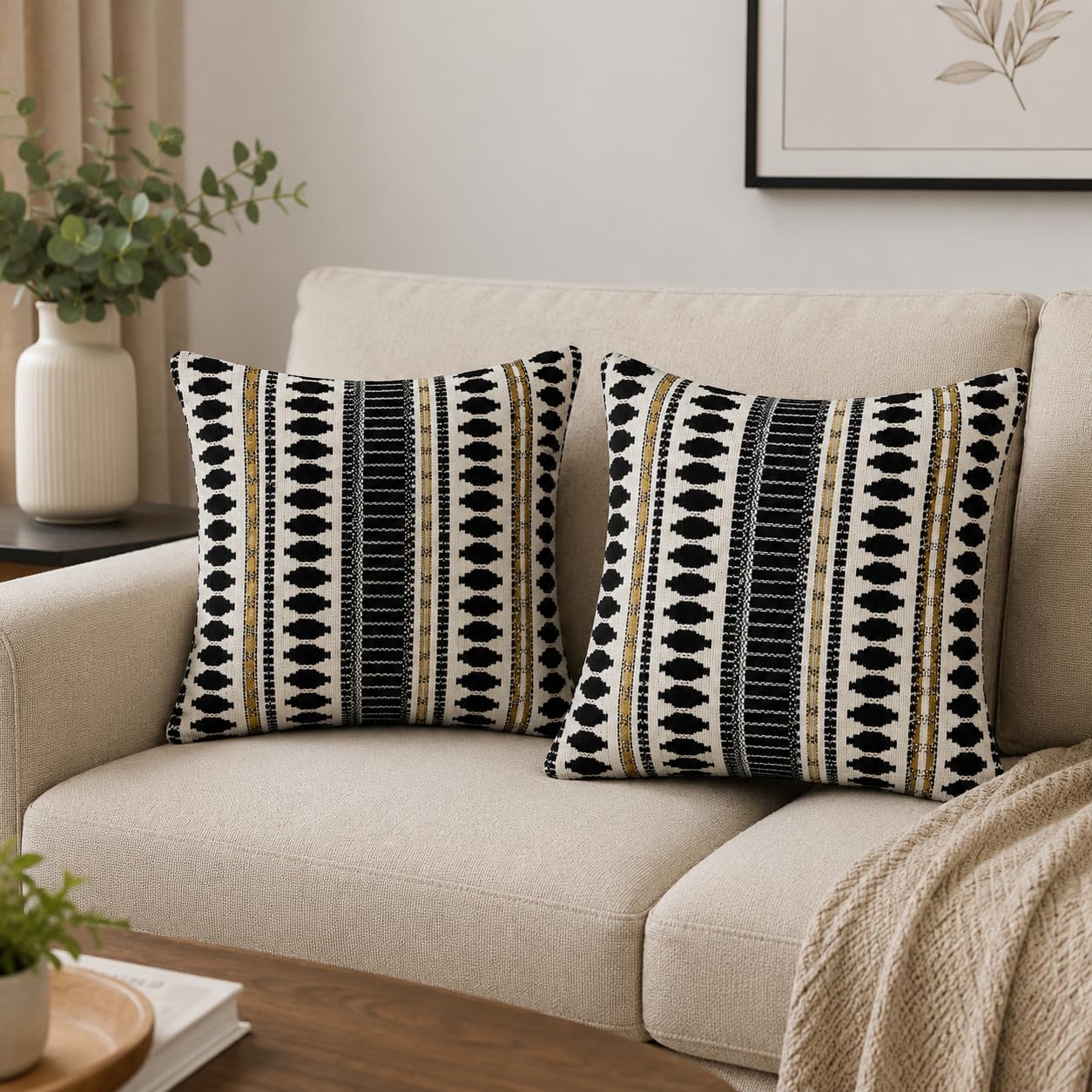 Premium Jacquard Cushion Covers Set of 2 | 18x18 Inch | Black & Cream Geometric Decorative Pillow Covers | Modern Boho Style-image-4