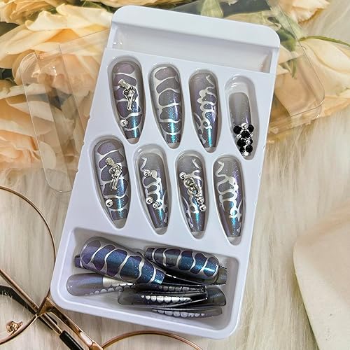 Miniatura 6 de Uñas postizas largas acrílicas artificiales a presión, diseño de serpiente azul, diseño de diamantes de imitación, uñas postizas cuadradas