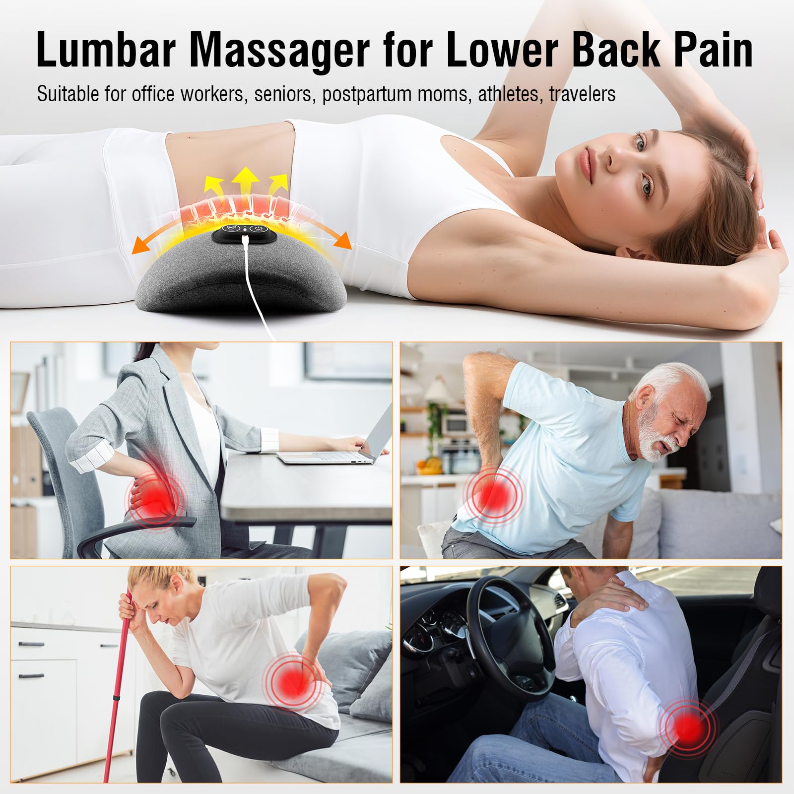 3-in-1 Electric Lumbar Support Pillow with Heat & Massage, Ergonomic Memory Foam Lower Back Massager for Pain Relief Deep Tissue, Smart Air Lift Technology, Ideal for Car/Bed/Sleeping/Office Chair — view 7