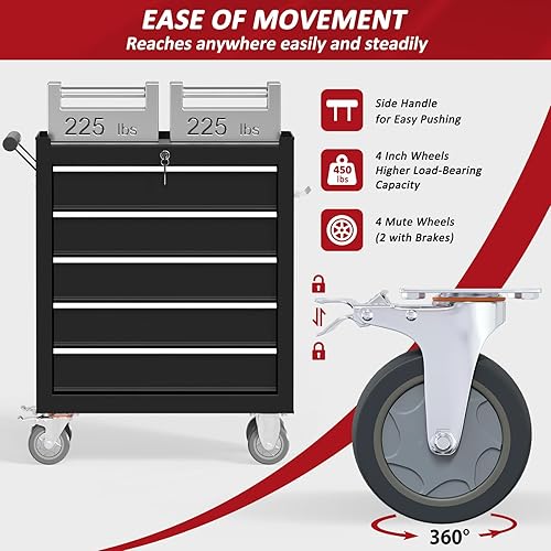 Miniatura 4 de Cofre de herramientas con ruedas de 5 cajones, caja de herramientas con ruedas y cajones, caja con sistema de bloqueo, caja de herramientas con