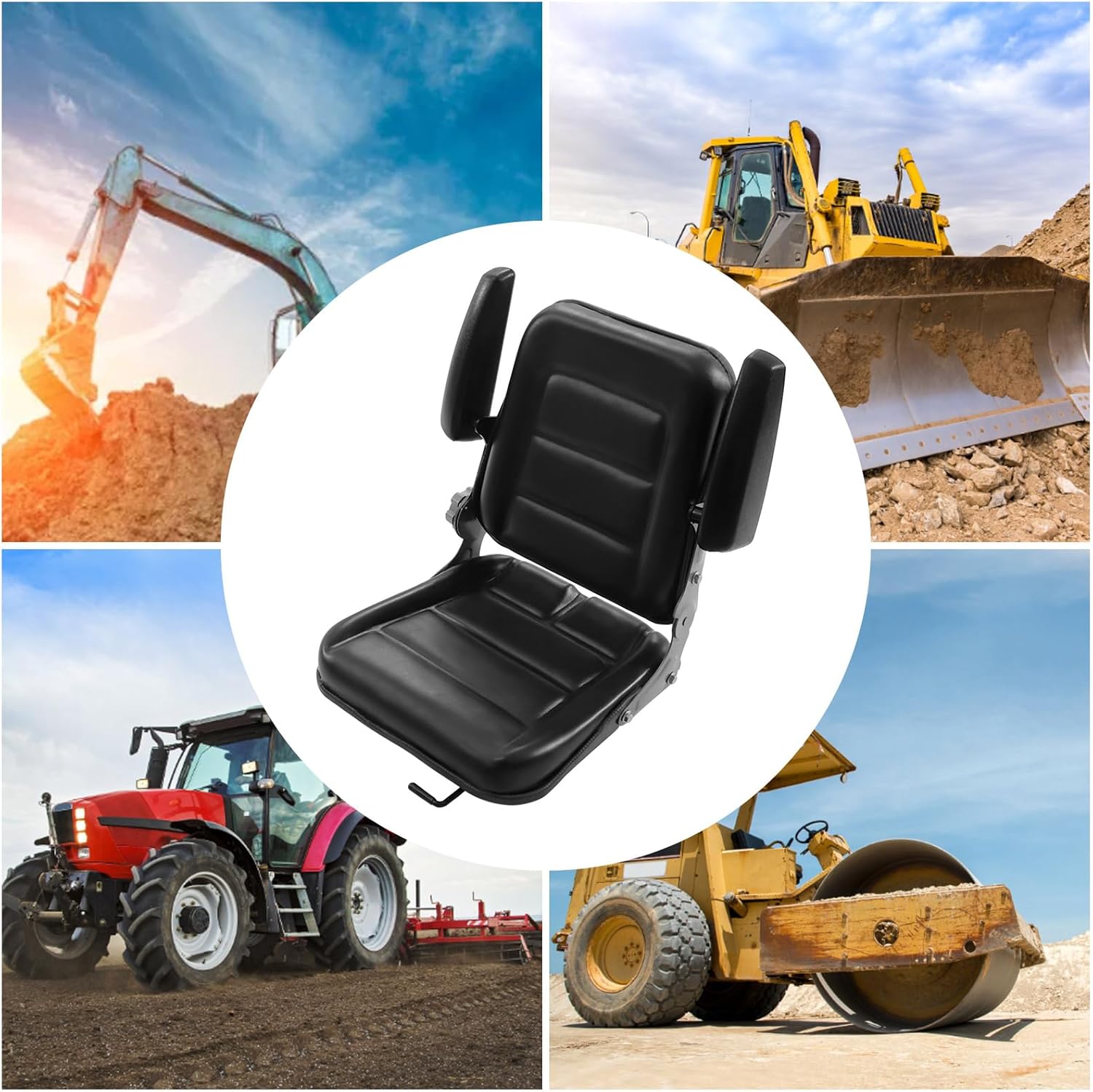 Universal Forklift Seat, Garden Tractor Seat with 30°-180° Adjustable Angle Backrest&armrests, Waterproof Lawn Mower Seat Pvc Mower Seat, Fits Excavator Skid Loader Backhoe Dozer Telehandler