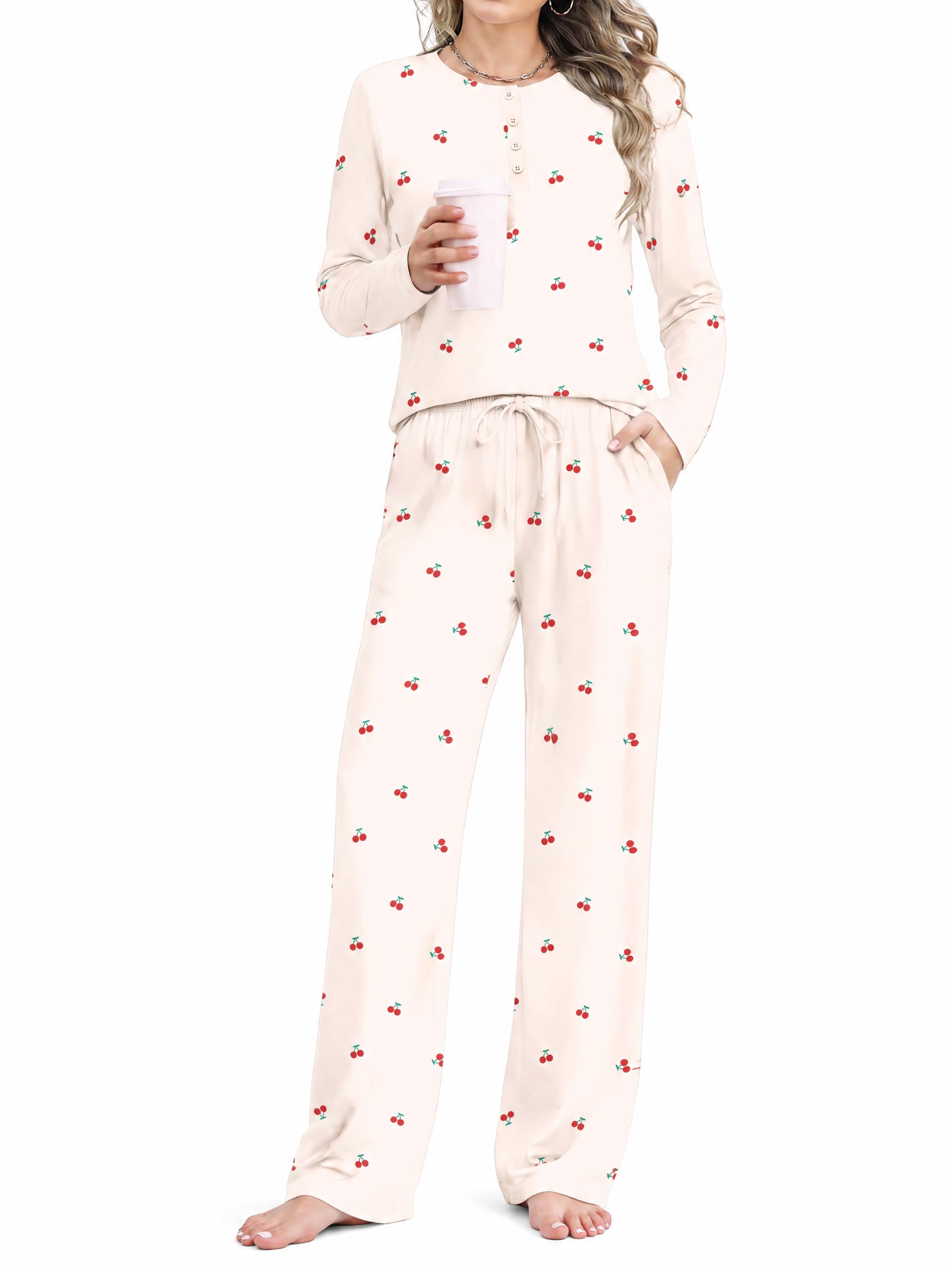 Rapbin Schlafanzug Damen Lang Pyjama Set Zweiteiler mit Kirschenprint M
