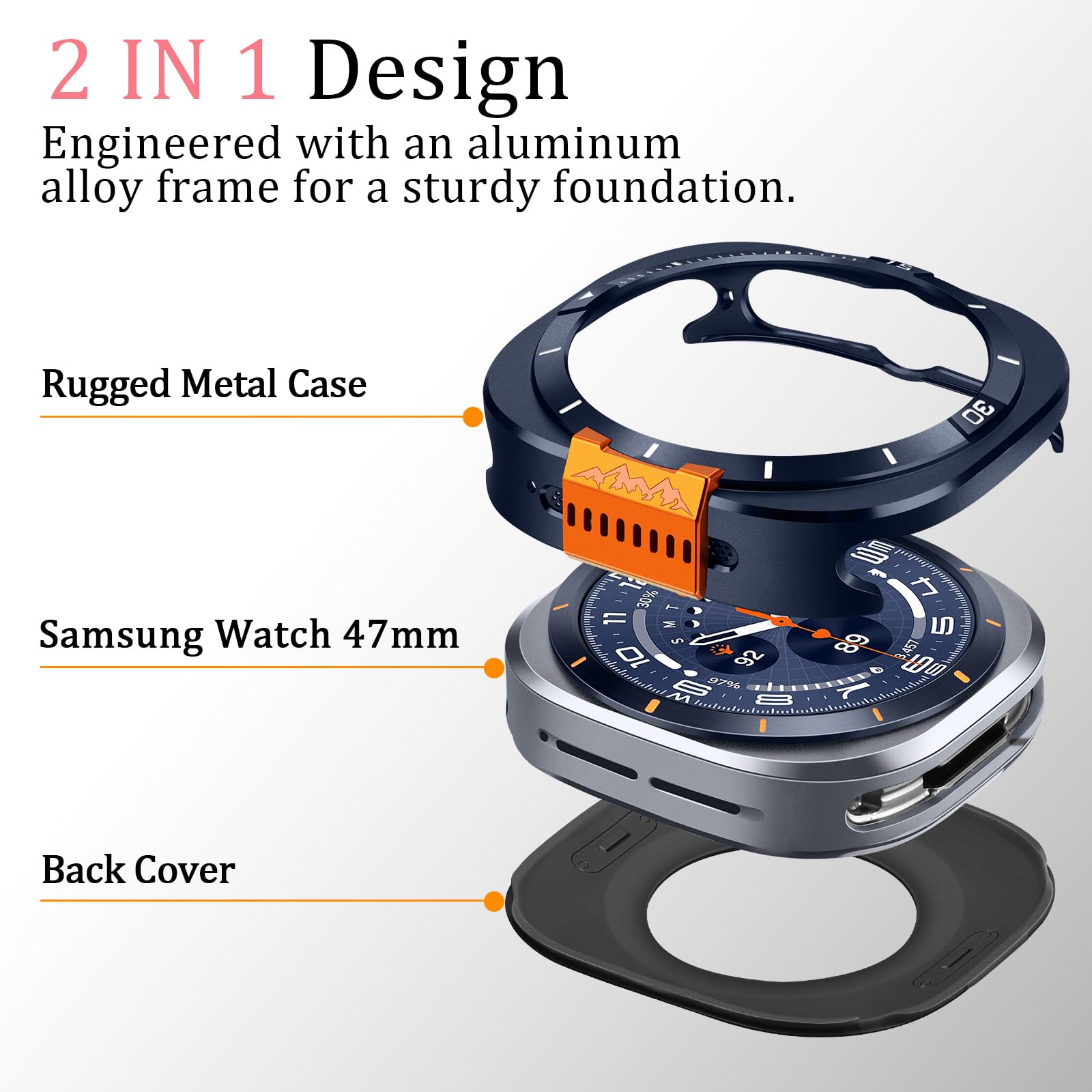 Amizee Metál Funda Compatible con Samsung Galaxy Watch Ultra Funda (2025/2024) 47mm con contraportada, Robusta Anti-Raspado Protección Carcasa para Galaxy Watch 7/8 Ultra, Azul/Blanco