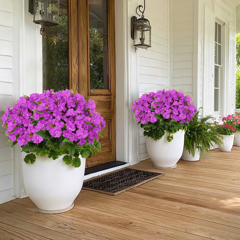 DILATATA 5 Pcs Artificial Impatiens Flowers for Outdoors Faux Impatiens Bushes Purple Silk Flowers Greenery Artificial Impatiens Bouquet for Patio Lawn Garden Pot Hanging Basket Porch Decoration