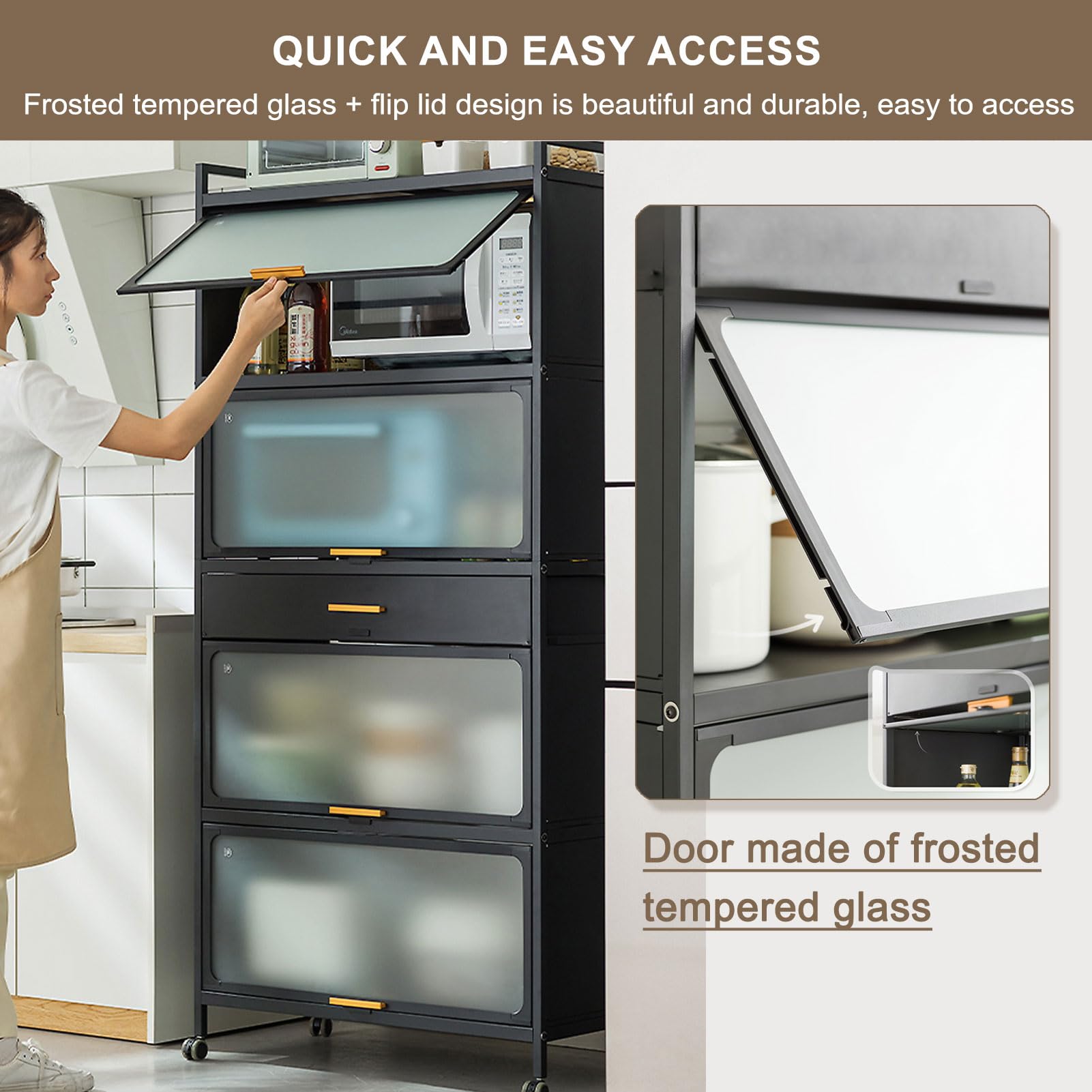 Cassettiera da cucina a 5 ripiani con ante a ribalta e cassetti, carrello per forno a microonde con ruote frenabili, armadietti per dispensa da cucina, 80 x 102 cm
