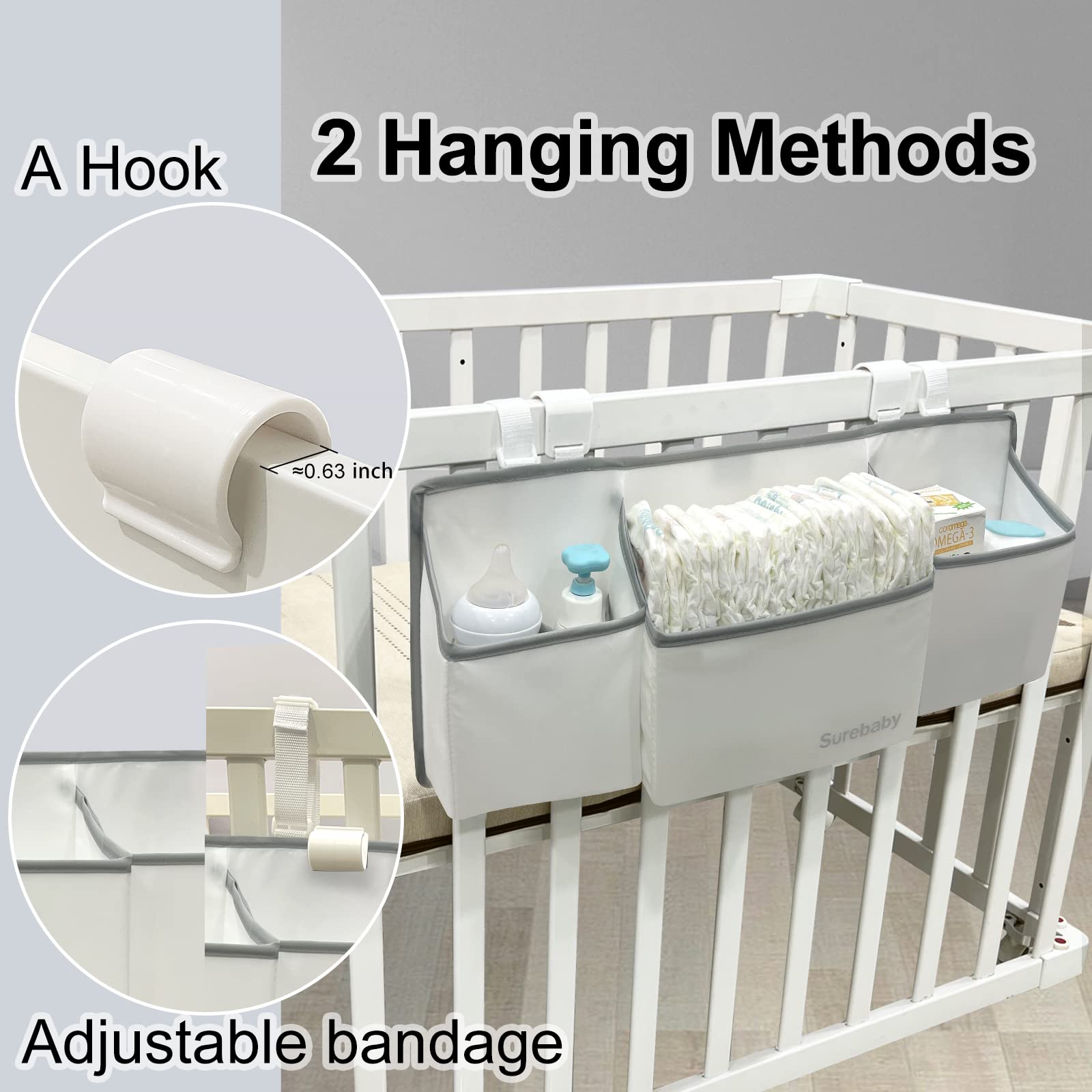 Organizador de pañales para bebé, organizador de pañales 3 en 1 para cuna, organizador de pañales para guardería, almacenamiento para cuna, cambiador, coche, pared, blanco