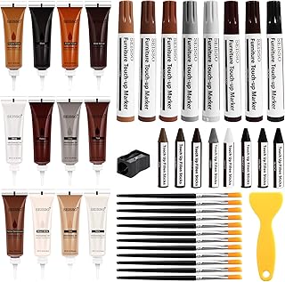 SEISSO Laminat Reparaturset,holzspachtelmasse,43 Stück Holzkitt-Reparaturset,Marker und Wachsstifte mit Spitzer, Holzmarker, Parkett Reparatur Set von Risse Löcher Kratzer Flecken für Holzboden, Türen