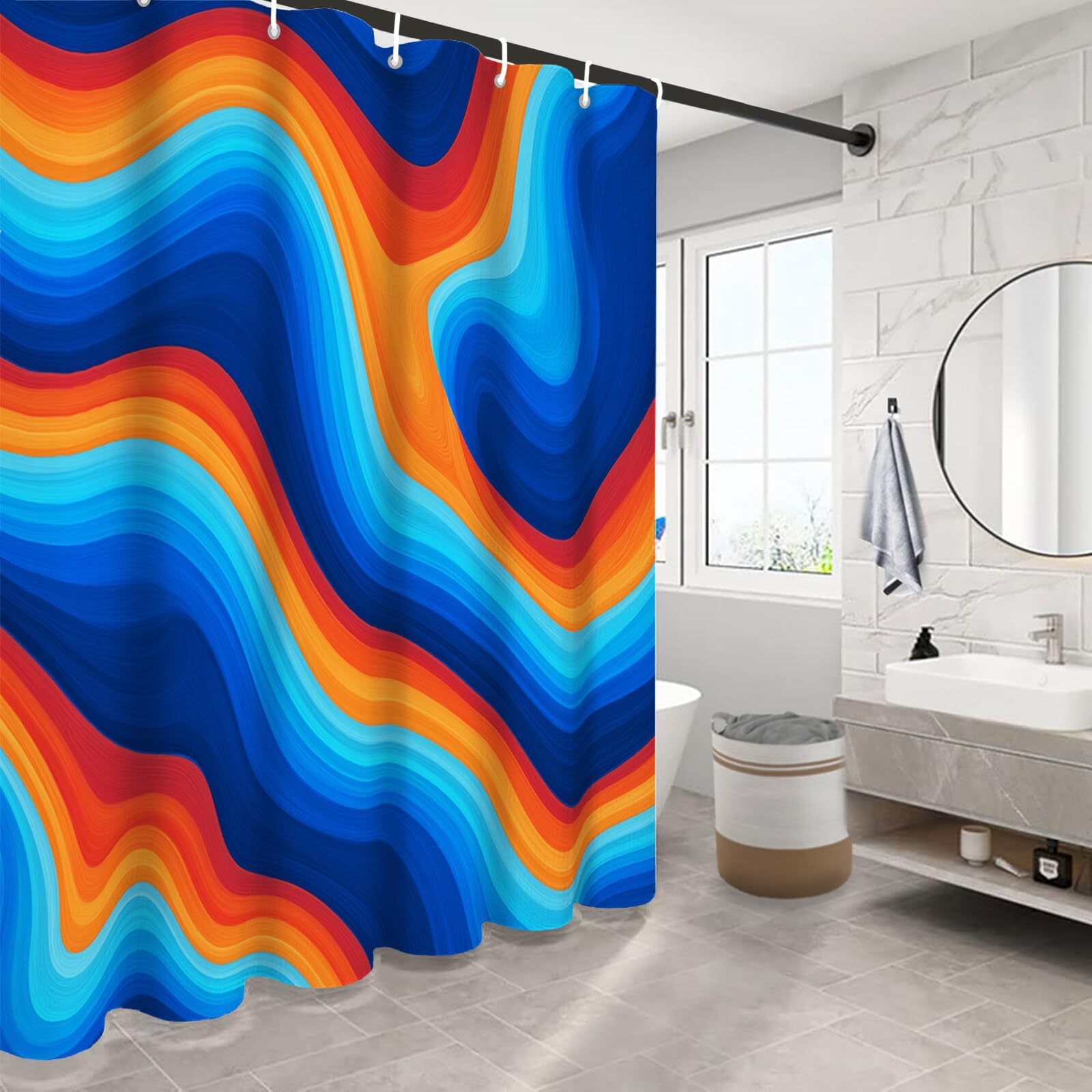 Rideau Douche, Rideau Baignoire Lavable en Machine Rideaux Douche Tissus Lavable Rideau De Baignoire Lavable pour Salle De Bain Domicile Baignoire Famille, Courbe d'onde,
