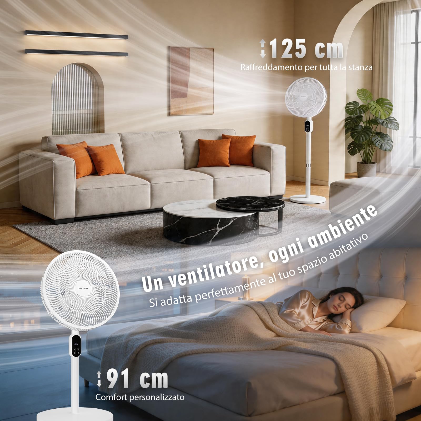 Aigostar Ventilatore a Piantana Silenzioso con 7 Pale, Telecomando, Timer 12H, 3 Velocità e Modalità, Base Circolare Ultra Stabile, Altezza Regolabile 91/125cm, 50W, per Casa e Ufficio, Bianco