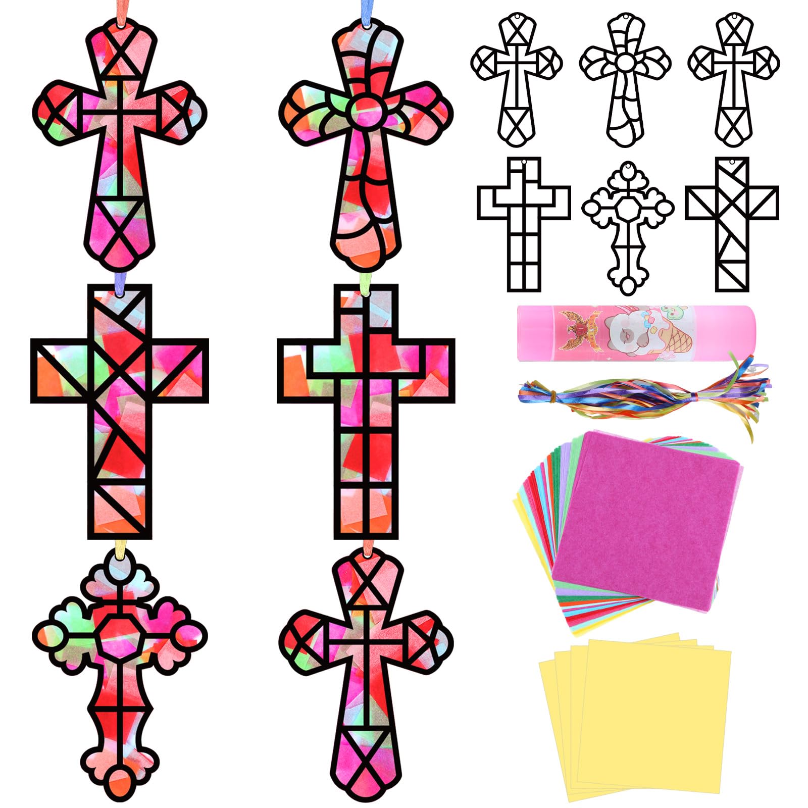Qyeahkj 36 Pcs Sunday School Cross Suncatchers Craft Kits VBS 2025 Religious Tissue Paper Window Art Craft DIY Christian Jesus DIY Art for School Easter Resurrection Projects Activities Gifts for Kids