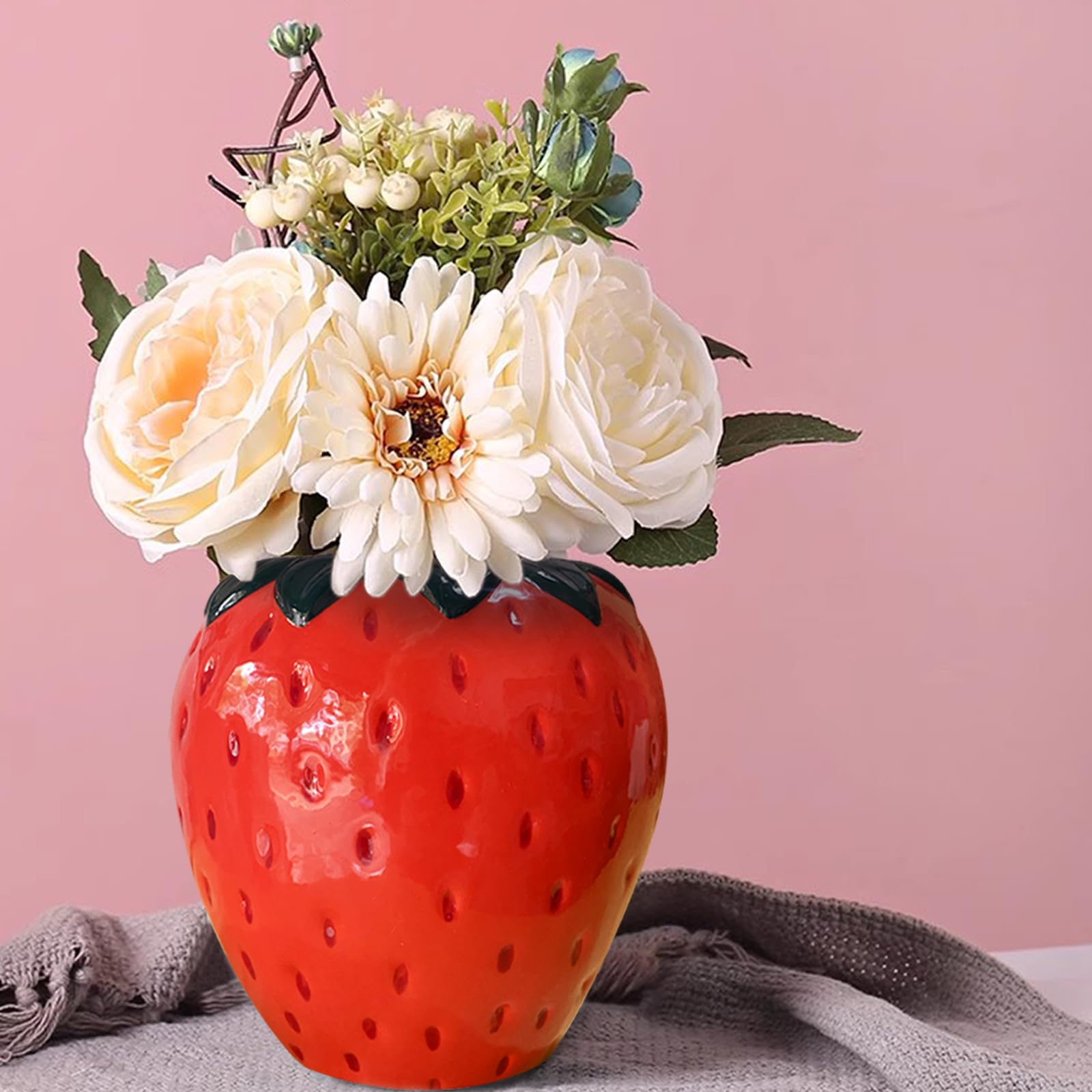 Cute Strawberry Flower Vase, Ceramic Strawberry Shaped Vase Fun Fruit Decor for Home Kitchen Bathroom, Pink