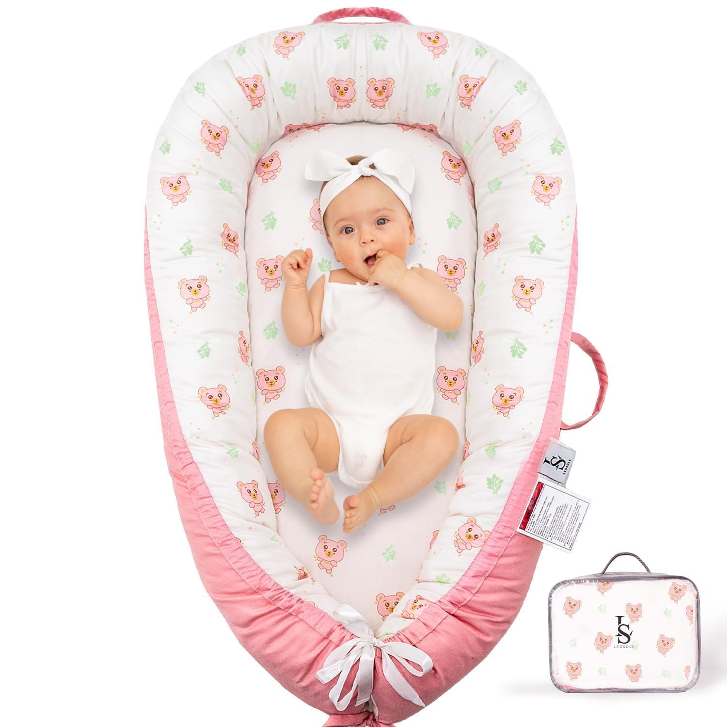 Baby Lounger for Newborn 0-24 Months – Reversible, Lightweight & Portable Infant Lounger for Baby Girl & Boy - Breathable & Soft Blush Bear Baby Nest