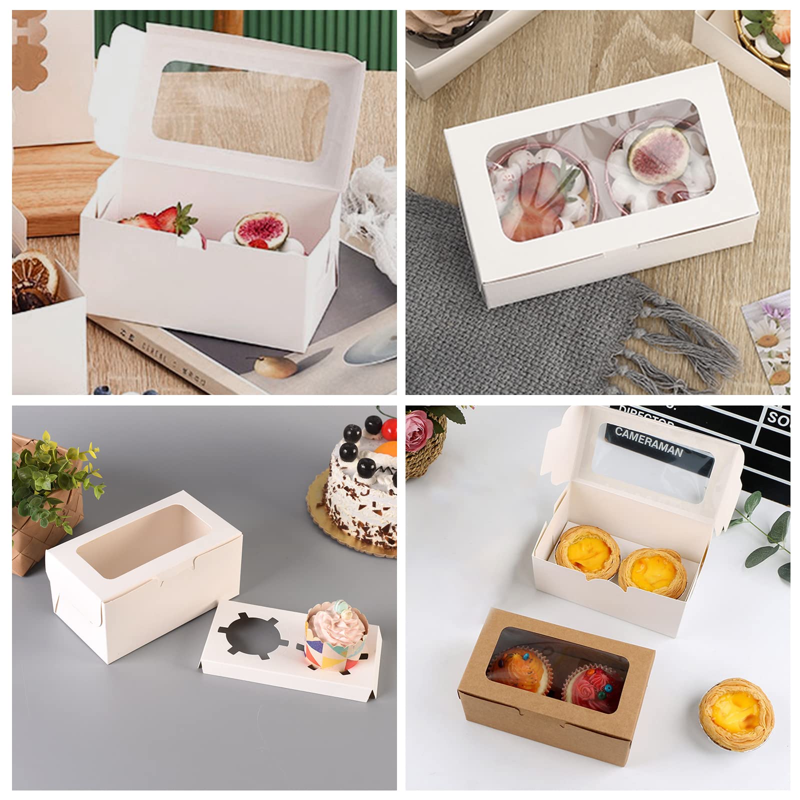 50 Pezzi Scatole per Cupcake a 2 Fori con Finestra, Piccole Scatole per Muffin, Bianche Scatole per Cupcake Ingrosso per Torte Biscotti Bessert, Bianche
