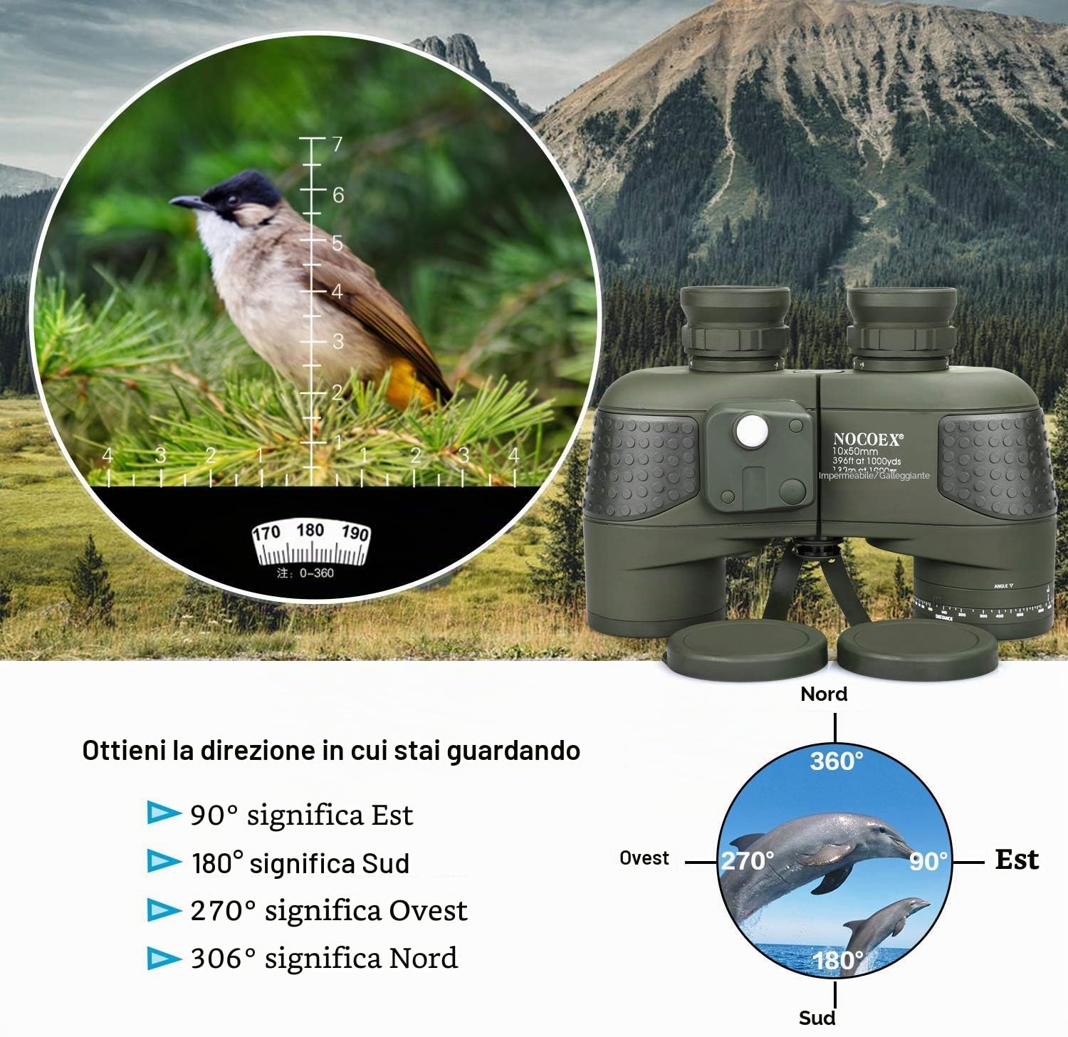 NOCOEX 10x50 Binocolo Marino per Adulti, Binocolo Impermeabile con Bussola Telemetro BAK4 Prisma Lente FMC Antiappannamento per la Navigazione Birdwatching Caccia