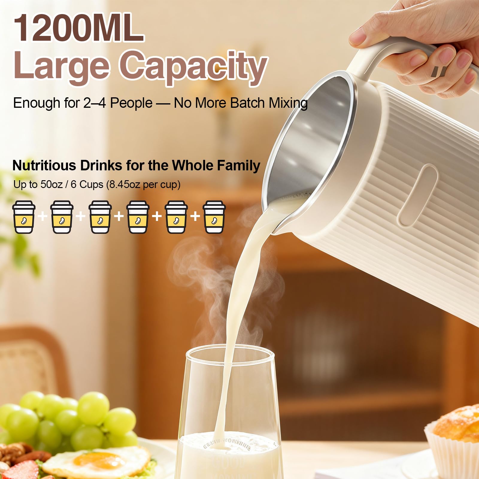 Macchina per latte di soia automatica 8 in 1, 1200 ml, macchina per il latte a base vegetale con avvio ritardato, mantiene caldo e autopulente per latte d'avena, latte di mandorle, zuppe, porridge e
