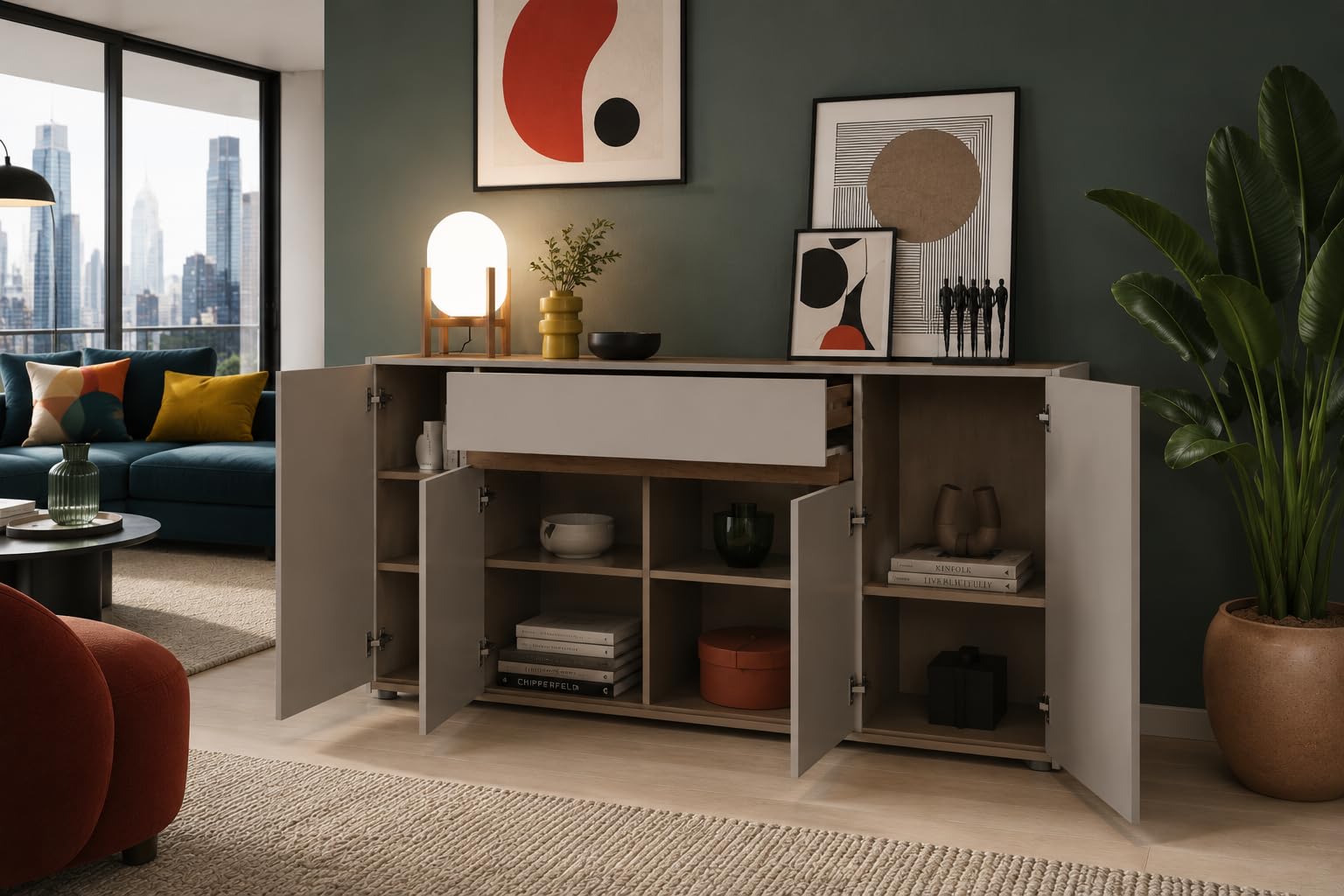 Credenza Moderna Madia In Melaminico Con 4 Ante E 1 Cassetto Mobile Contenitore Sala da Pranzo Soggiorno Design Senza Maniglie Elegante Capiente 170 x 85 x 40 cm (Noce Chiaro)