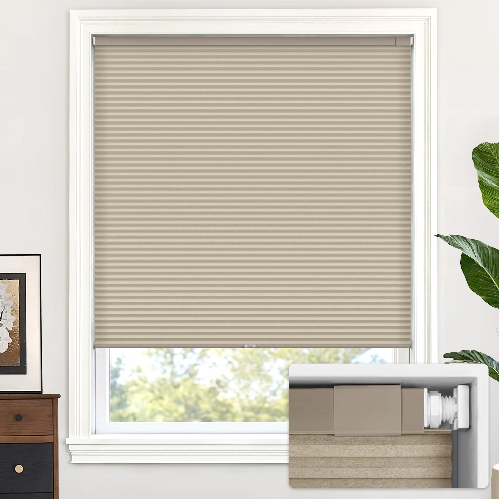 LazBlinds Cordless Cellular Shades, No Tools No Drill Light Filtering Honeycomb Shades Pleated Blinds for Windows, 26'' W x 64'' H, Mocha
