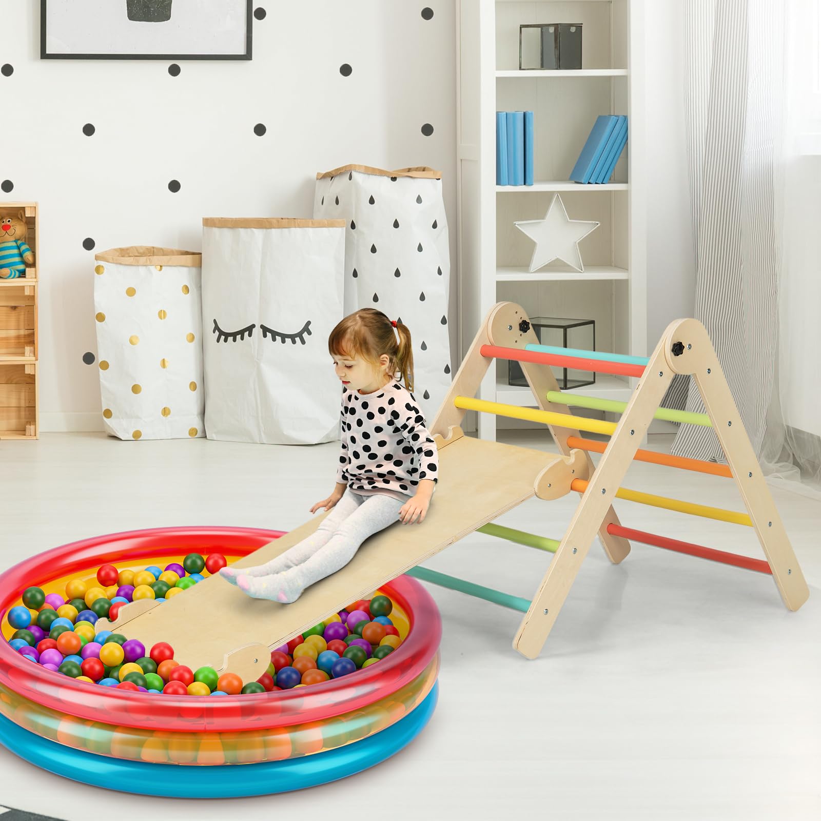 DREAMADE Montessori Klettergerüst Indoor, Holzdreieck Kletterspielzeug aus Holz, Kletterdreieck mit 2-seitiger Rutsche zum Rutschen und Klettern für Kinder ab 3 Jahren (Bunt)