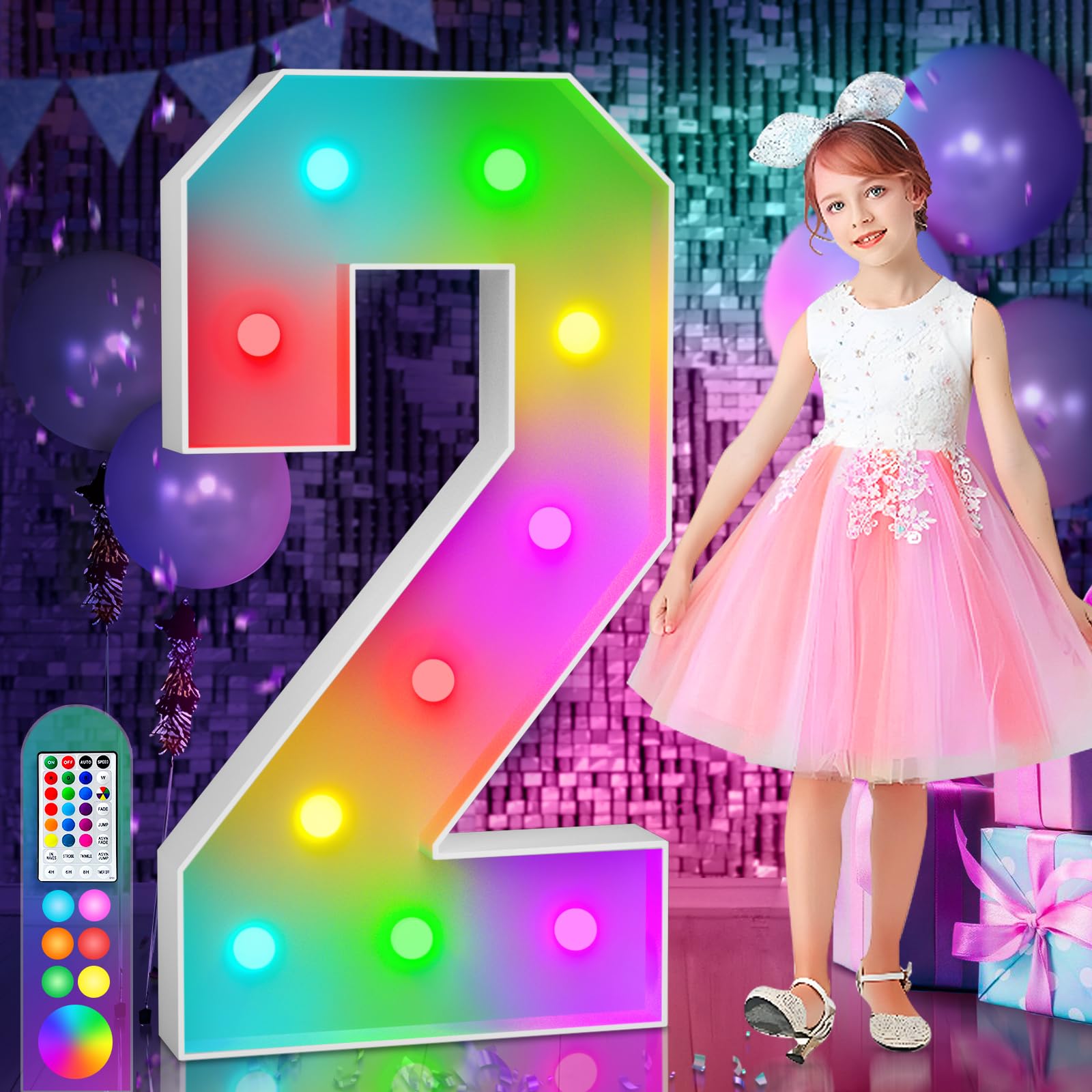 imprsv 4FT Colorful Marquee Light Up Numbers,18 Colors Number 2 With Remote, Light Up Numbers Sign for 12th 21st Birthday Anniversary Party Decor, Pre-Cut Foam Board Kit, Mosaic Numbers for Balloon