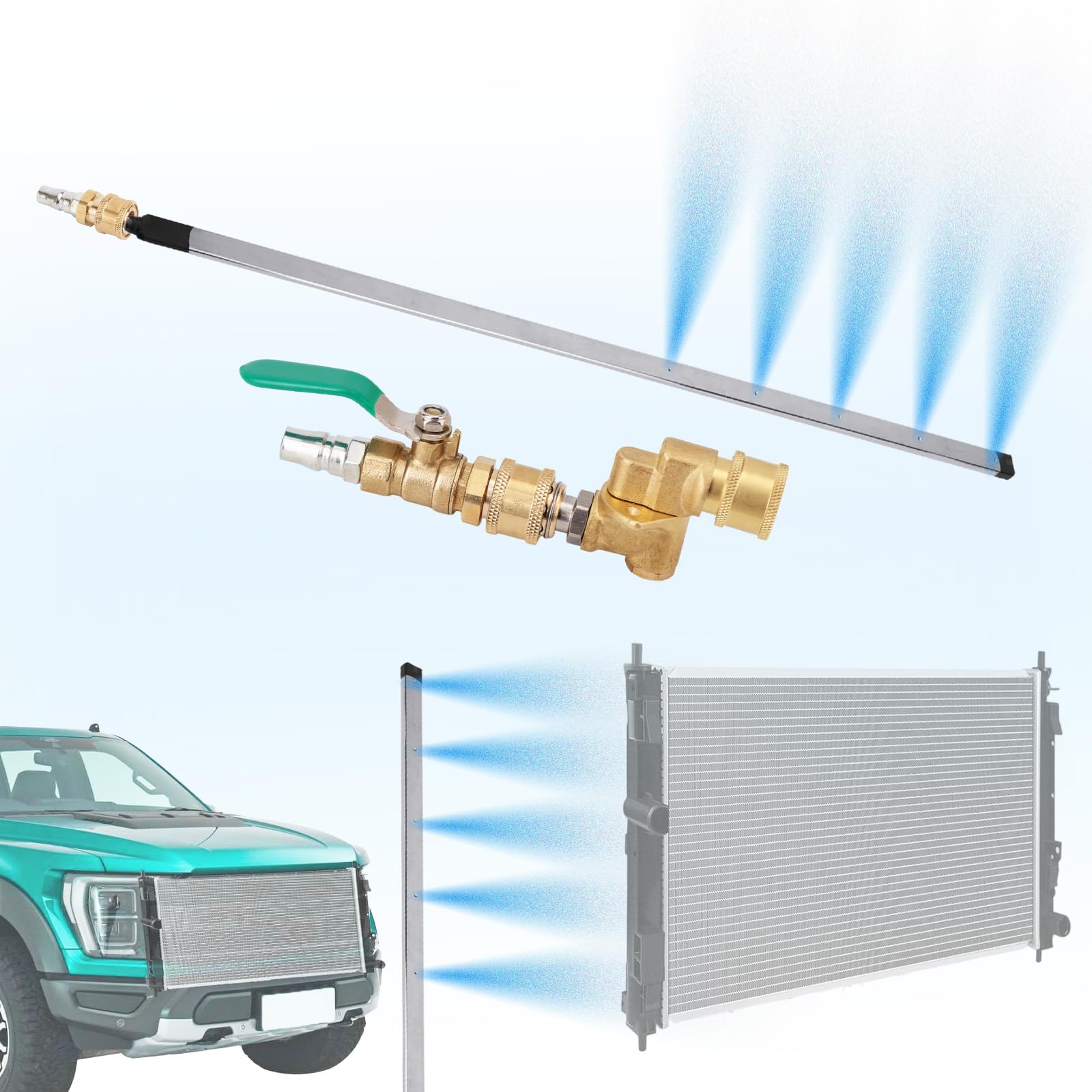 6uds 5-Hoyo 98cm Kit de Herramienta Limpieza Radiador, Varilla Limpieza Radiador con Conectores Interruptor Válvula Cepillo Poste Metálico Accesorios Prácticos para Lavado Coches y Camiones