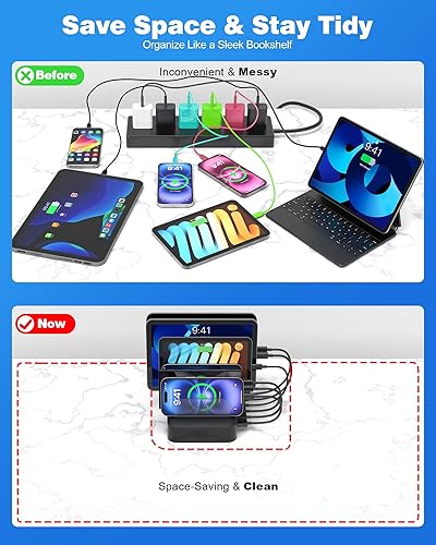 Miniatura 5 de MSTJRY Estación de carga para múltiples dispositivos estaciones de carga USB de 6 puertos - Base de carga organizadora familiar para múltiples