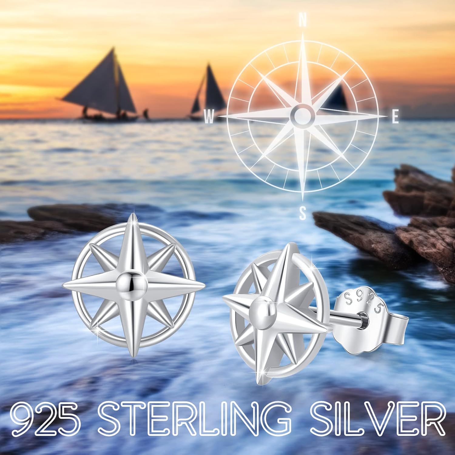 Nautical Sterling Silver Anchor/Compass/Rudder Stud Earrings - Oceans Sailor Jewelry Gifts for Women & Friends
