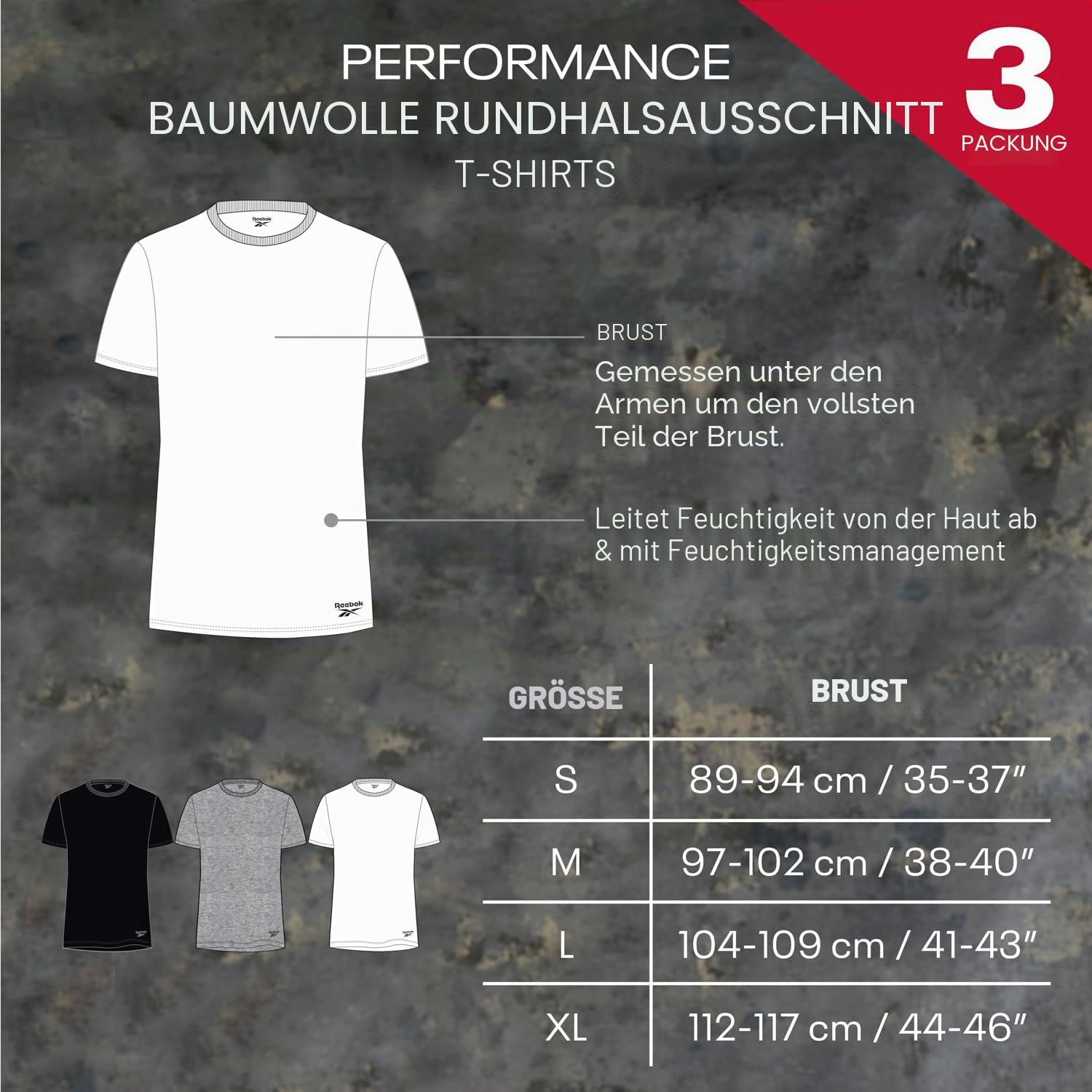 Reebok Santo Leichte Herren-T-Shirts, 3er-Pack, Baumwollmischung, Herren-Tops, T-Shirt, Multipack